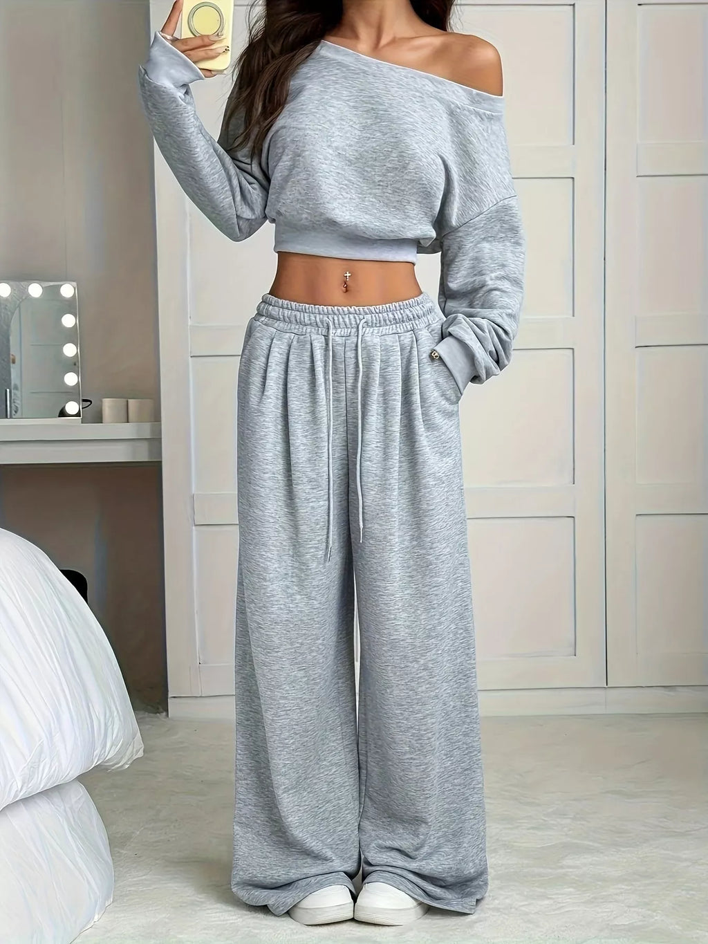 Full Size 2-Piece Boat Neck Crop Top & Wide Leg Pants Set Plus Size, gray heather with pockets