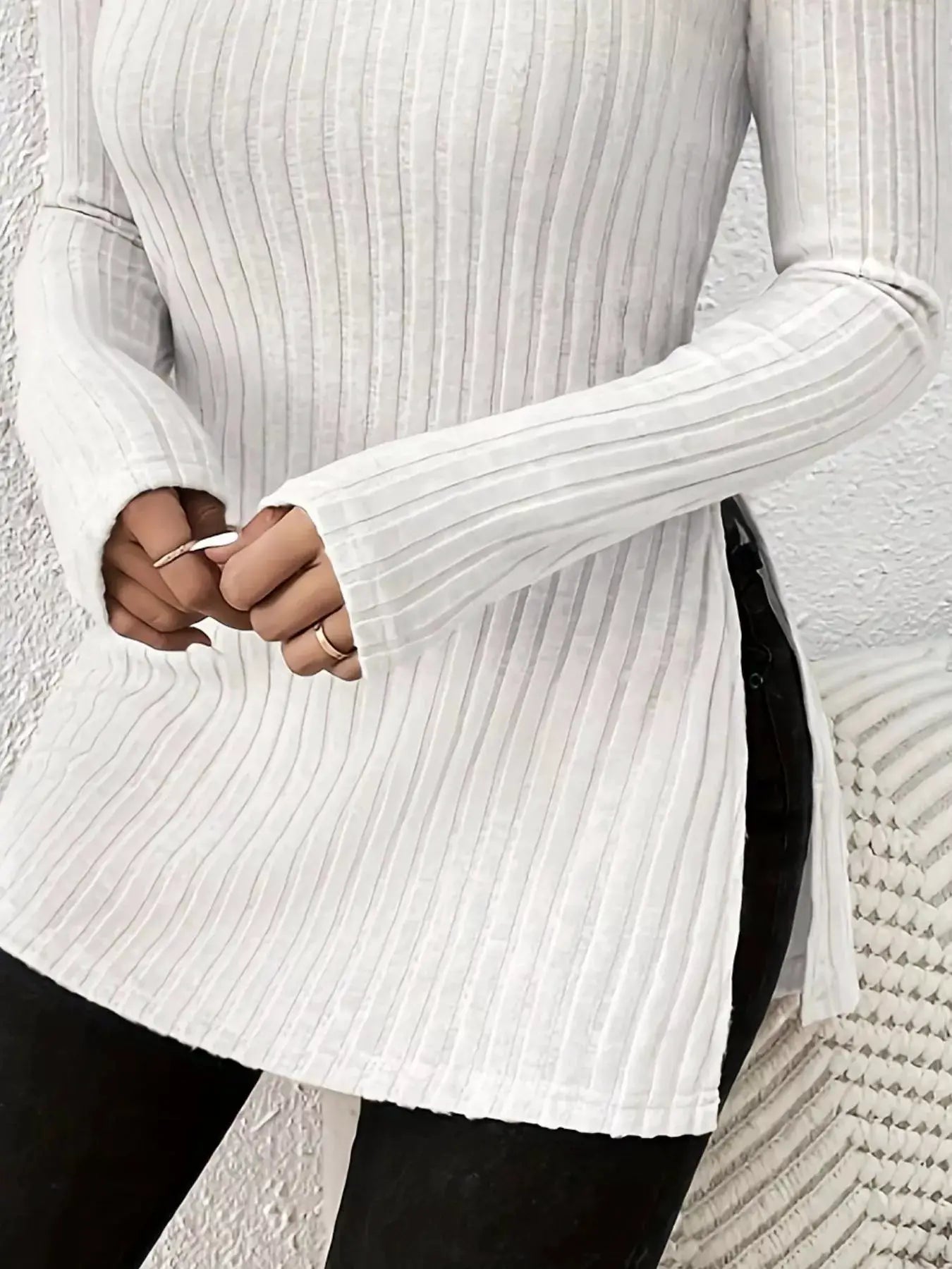 Plus Size Slit Ribbed Turtleneck Long Sleeve T-Shirt by Belle Bijouix in white