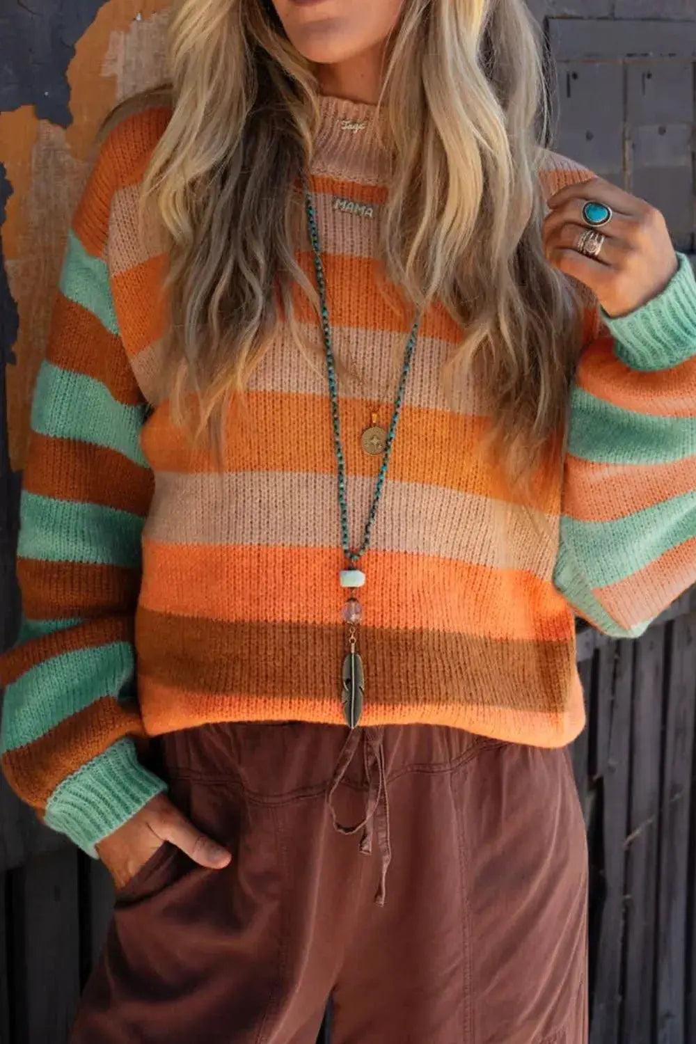 Striped Rainbow Long Sleeve Sweater; multicolor knit in orange, peach, tan, mint.