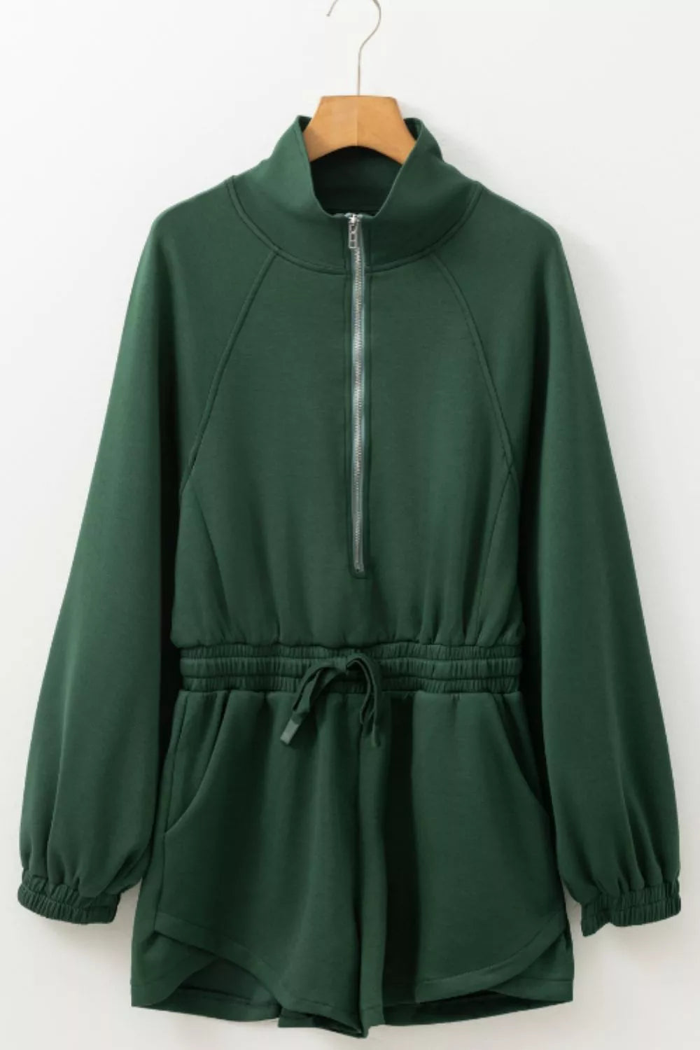 Zip-Up Drawstring Waist Romper in green by Belle Bijouix, outfit set