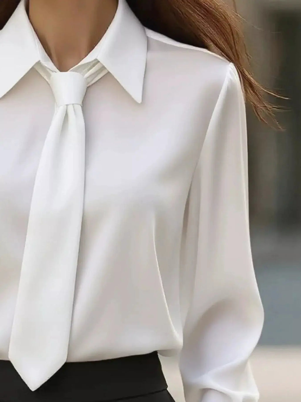 Collared Neck Long Sleeve Blouse, white with tie-neck detail