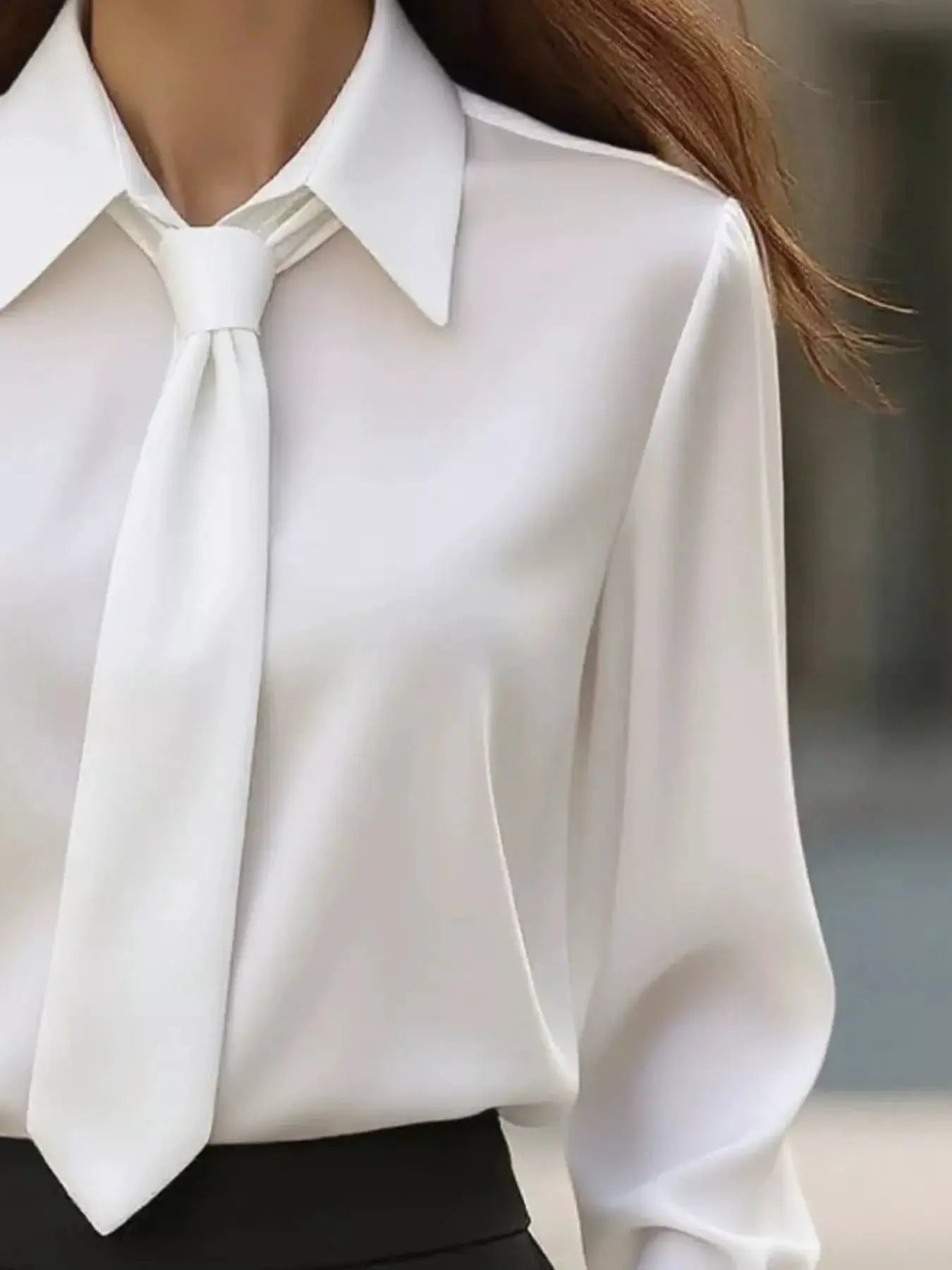 Collared Neck Long Sleeve Blouse, white with tie-neck detail
