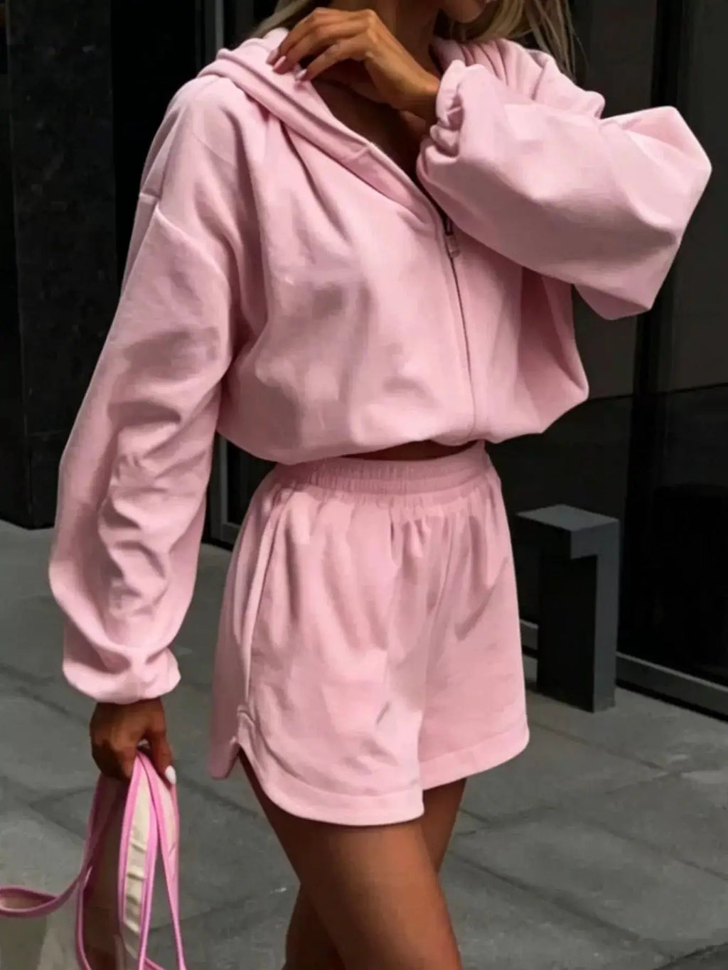 Belle Bijouix women's pink long-sleeve zip-up hoodie and shorts activewear set