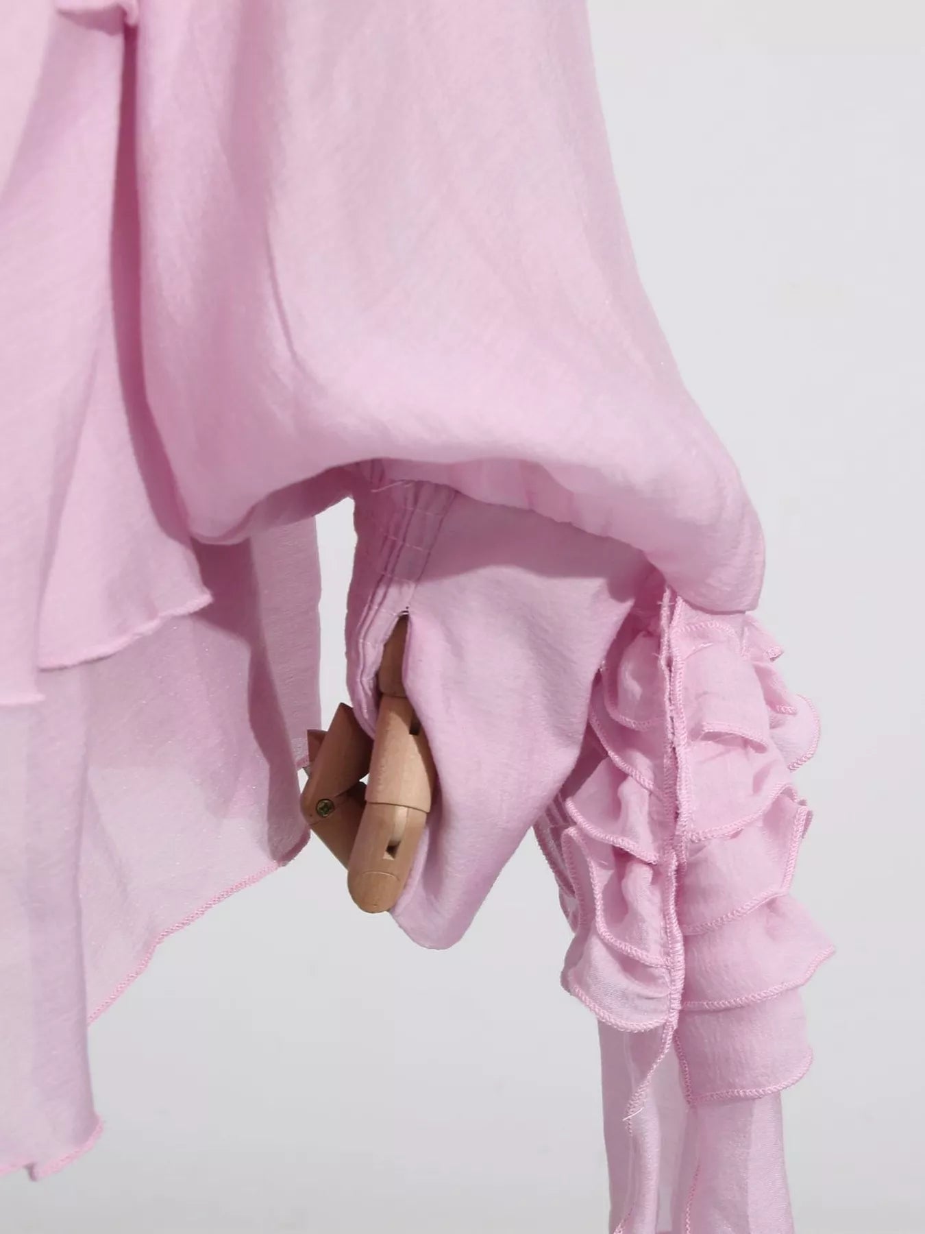 Ruffled Long Sleeve Mini Dress Belle Bijouix in pink with tiered sleeves and belt.