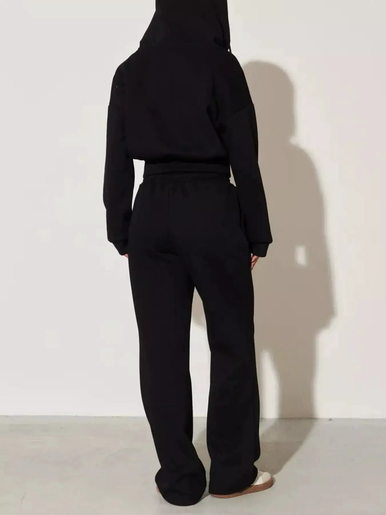 Zip-Up hoodie and wide-leg lounge pants two-piece set, black, women's loungewear.