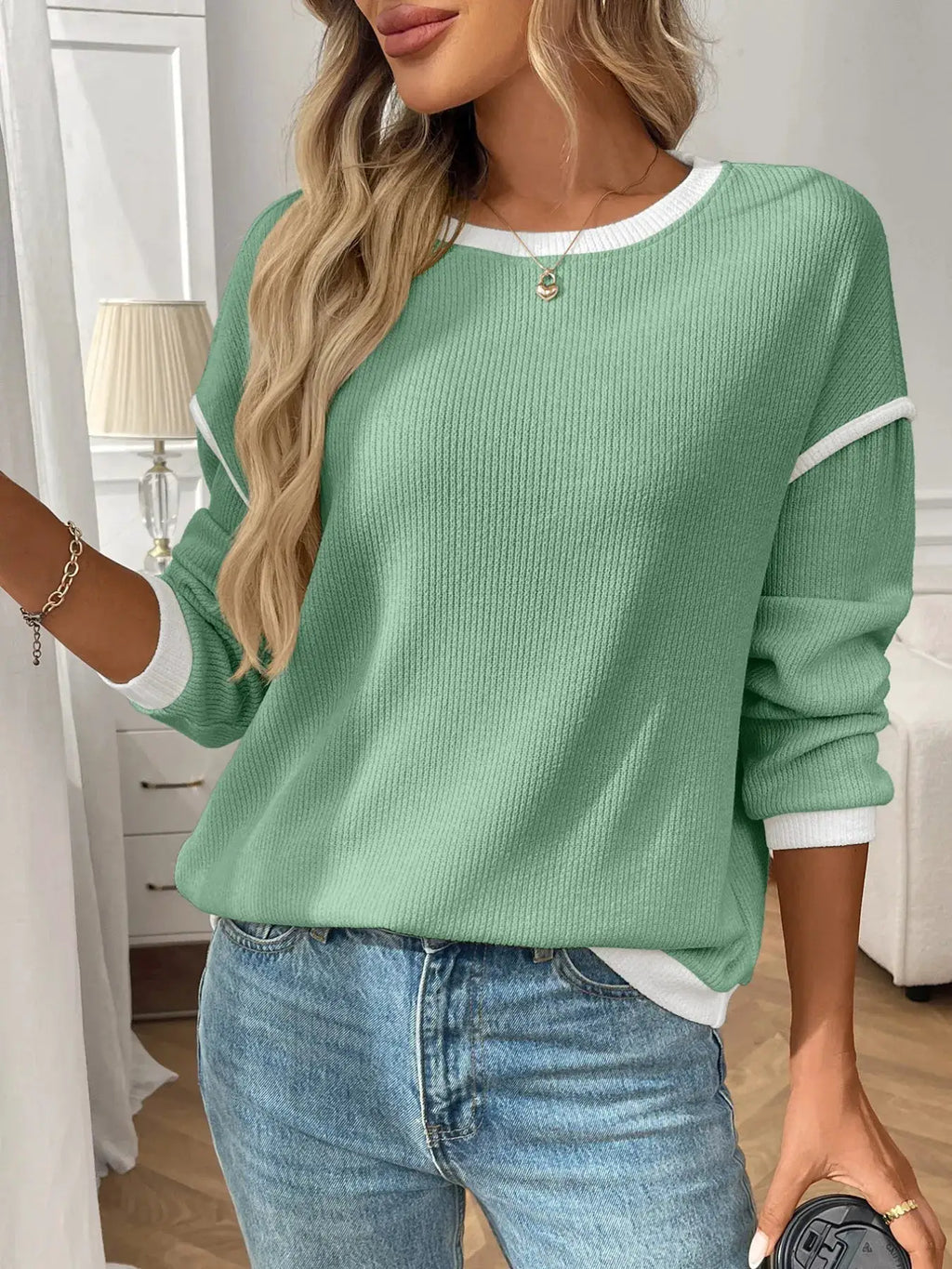 Ribbed Contrast Trim Long Sleeve Top by Belle Bijouix, green knit with white neckline and cuffs