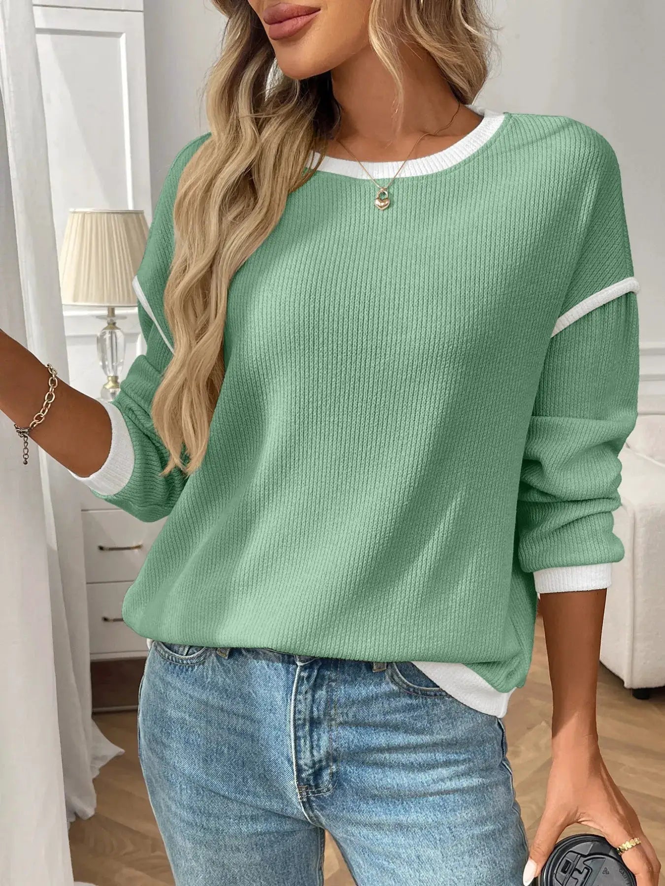 Ribbed Contrast Trim Long Sleeve Top by Belle Bijouix, green knit with white neckline and cuffs