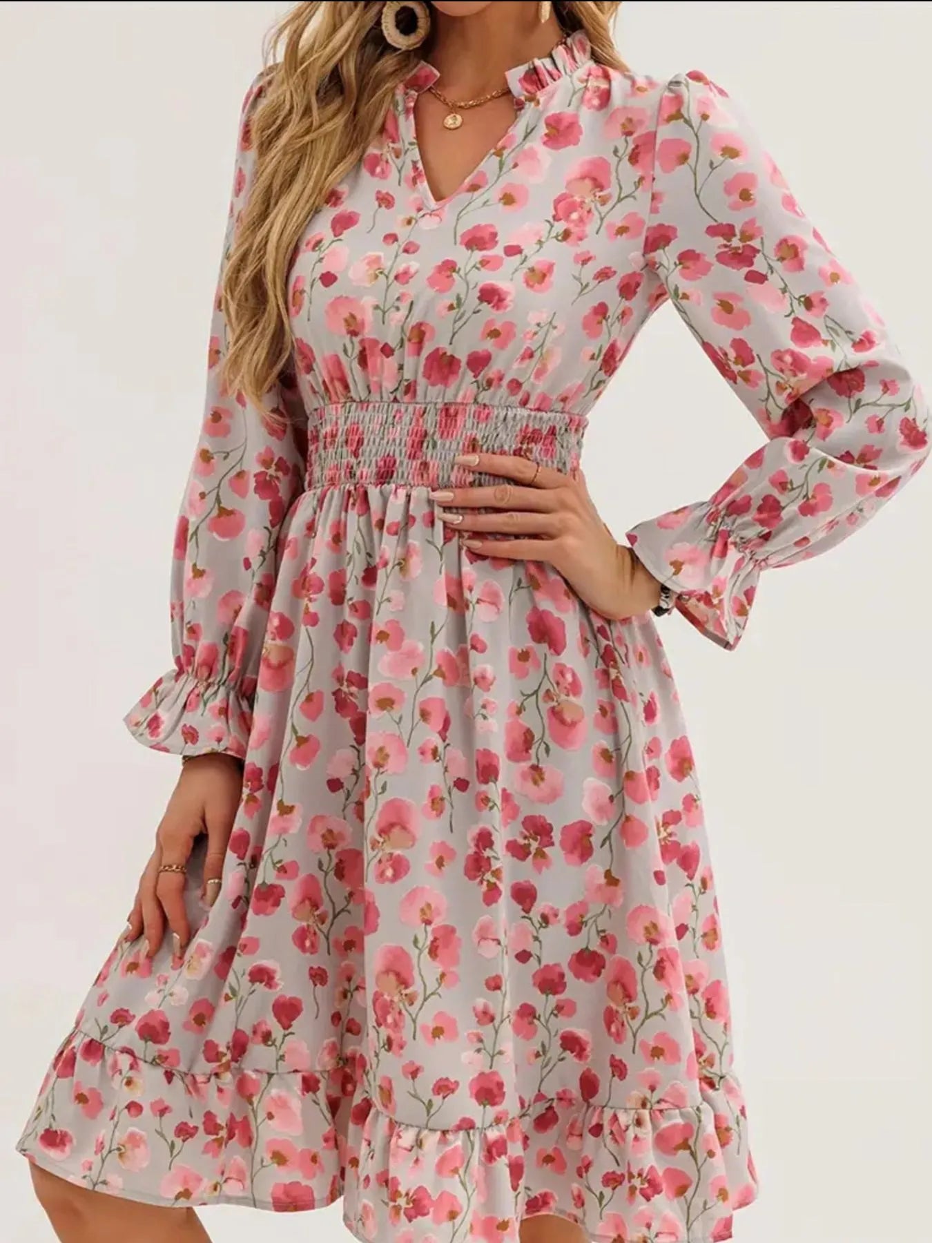 Floral Print Flounce Sleeve Ruffle Hem Dress with smocked waist in pink on gray background