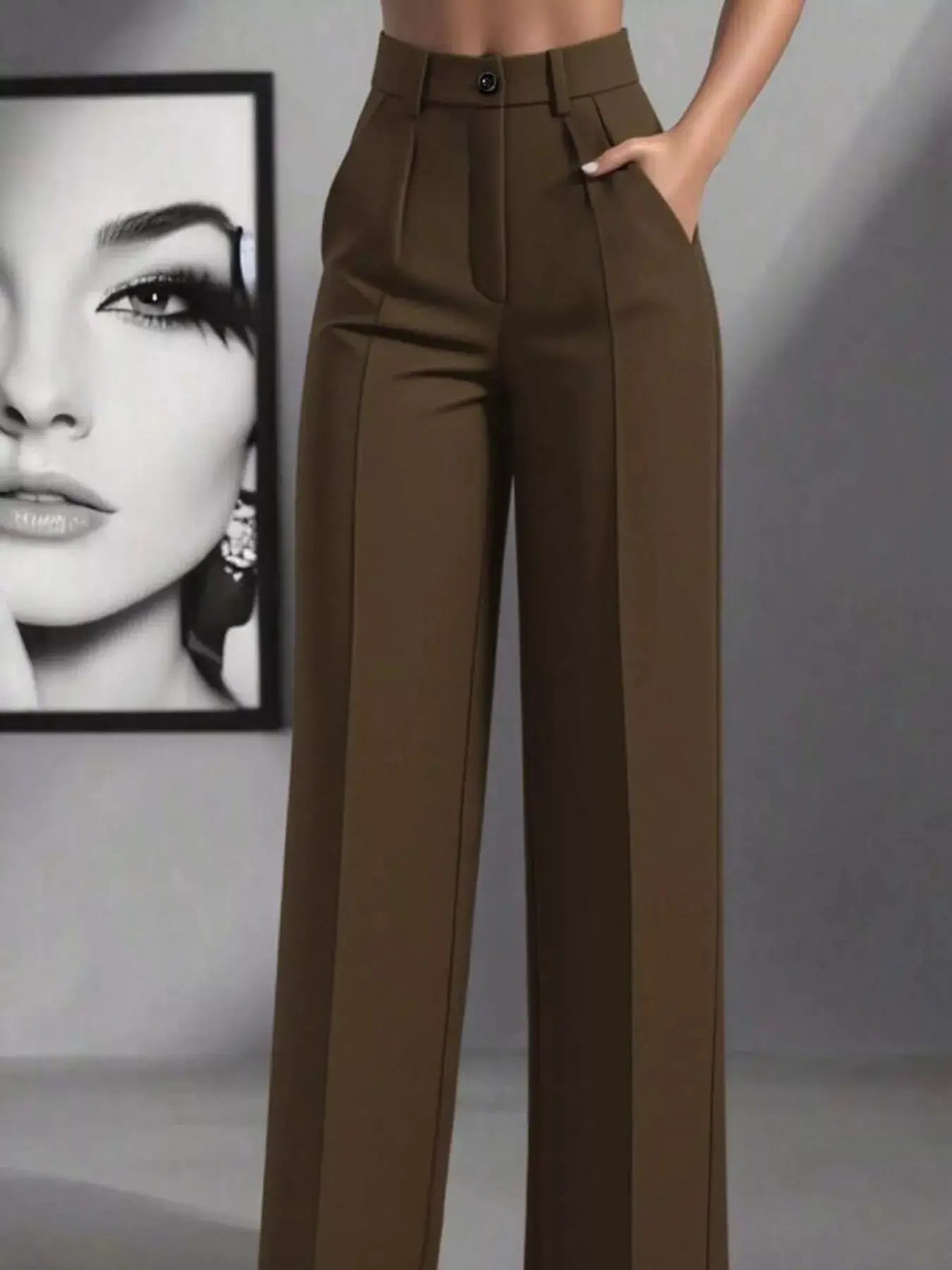 High-Waisted Wide-Leg Pants in brown with pockets and a buttoned waist
