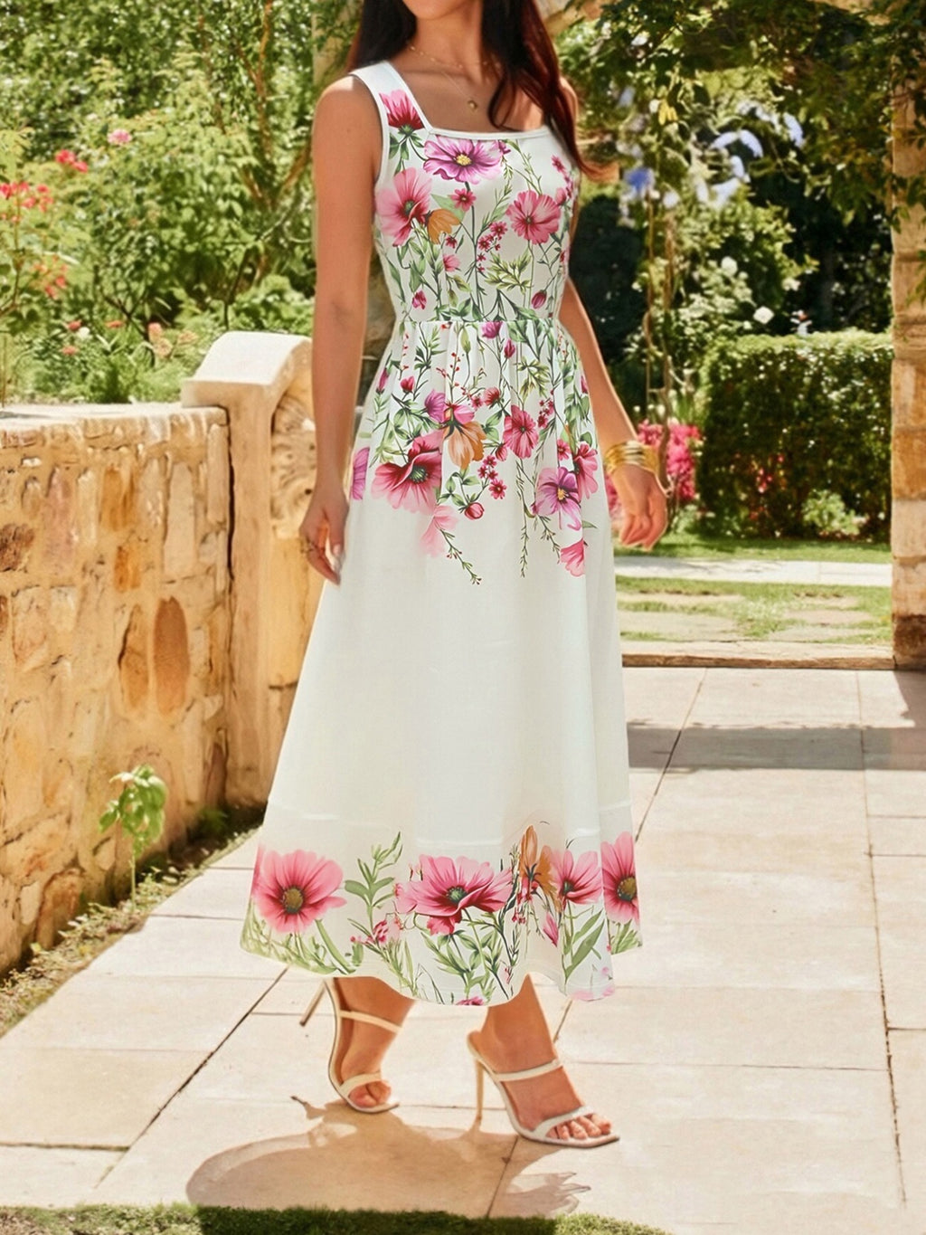 Floral Print Square Neck Dress in white with pink flowers, long maxi length