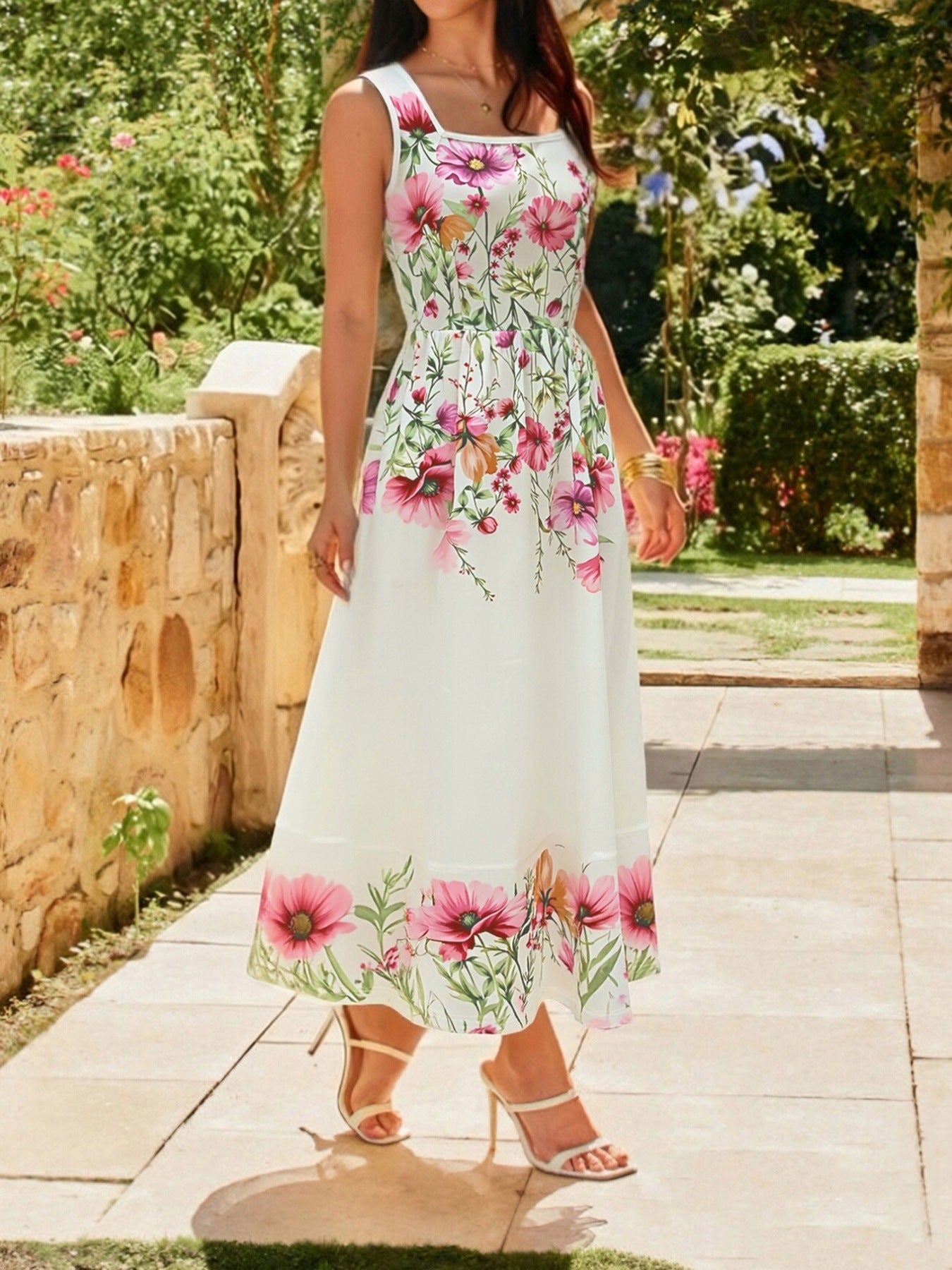 Floral Print Square Neck Dress in white with pink flowers, long maxi length