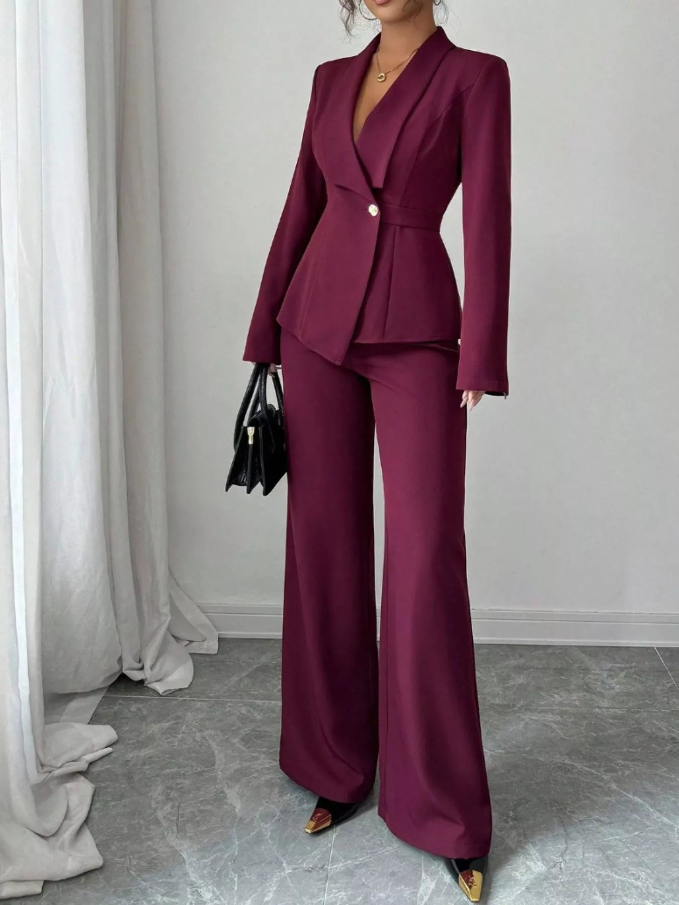 One Button Blazer and Pants Set by Belle Bijouix in burgundy; pocketed, wide-leg pants.