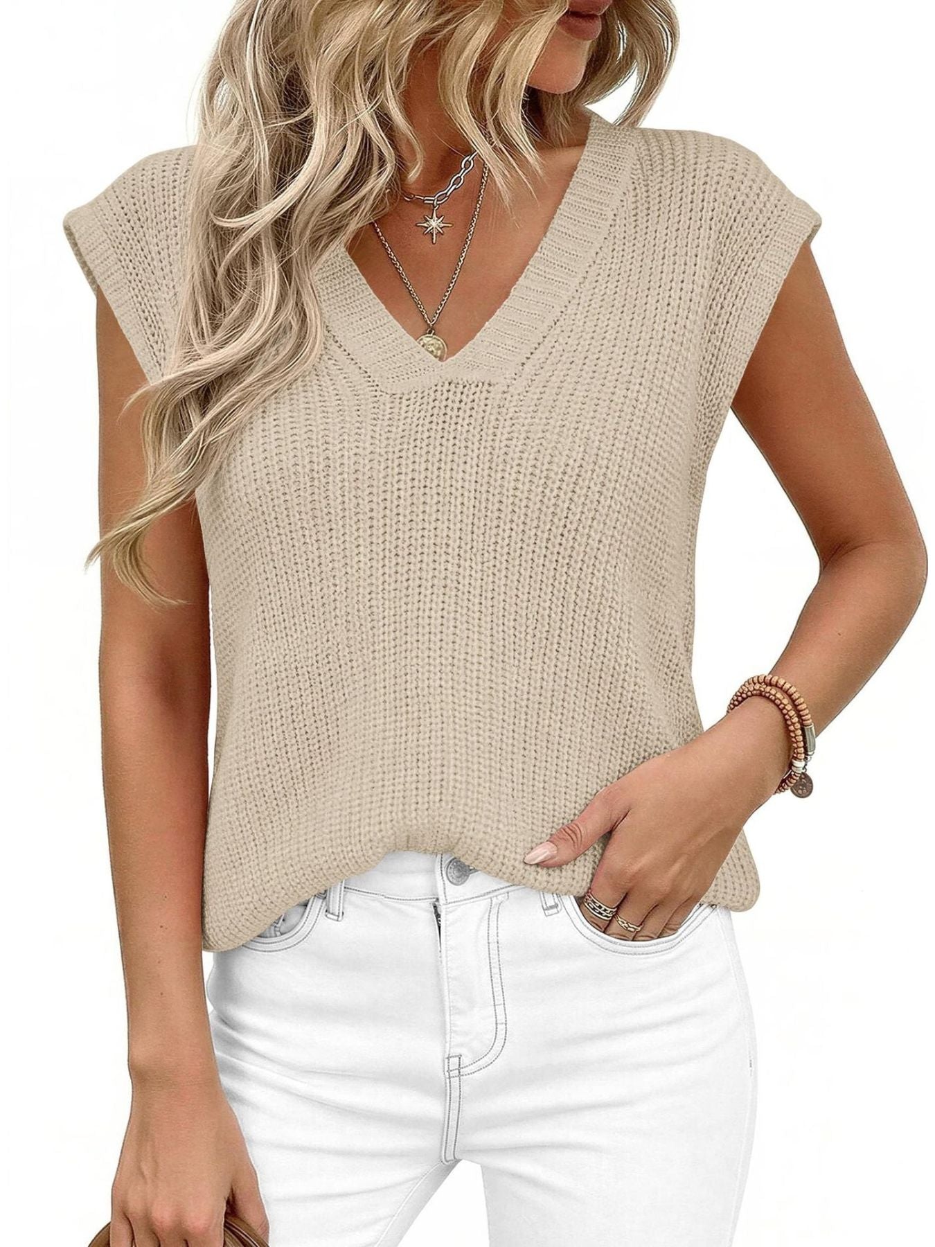 V-Neck Sweater Vest, beige knit, sleeveless top with chunky texture