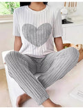 Heart Ribbed Knit Top and Pants Lounge Set, two-piece; white ribbed top with silver heart and gray ribbed pants
