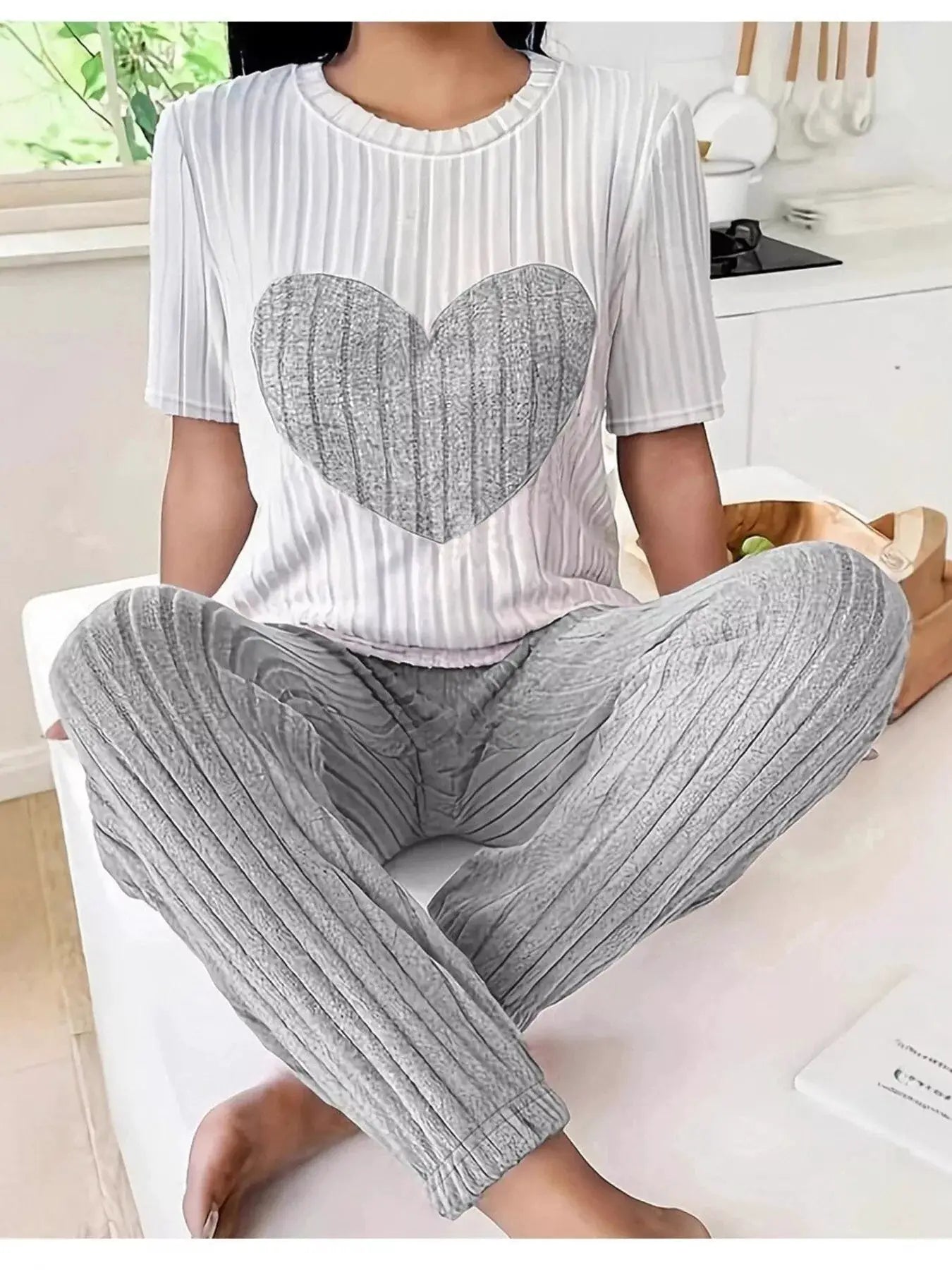 Heart Ribbed Knit Top and Pants Lounge Set, two-piece; white ribbed top with silver heart and gray ribbed pants