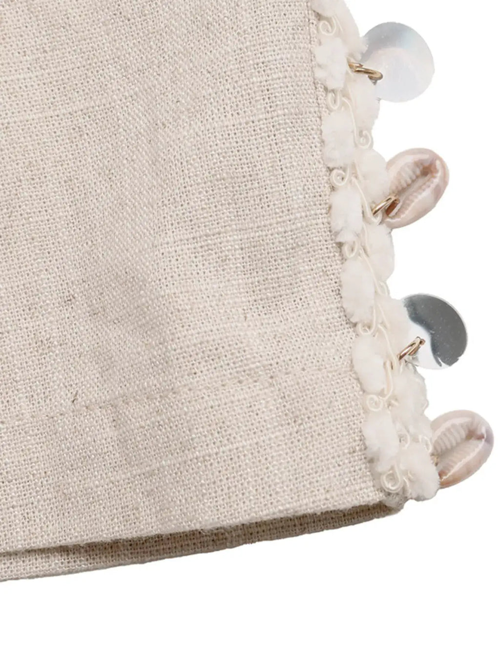 Drawstring wide-leg pants in beige linen with shell and sequin fringe trim