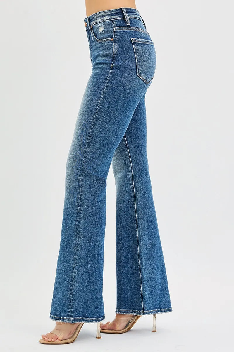 RISEN Full Size Tummy Control High Rise Flare Jeans by Belle Bijouix, blue denim, plus size