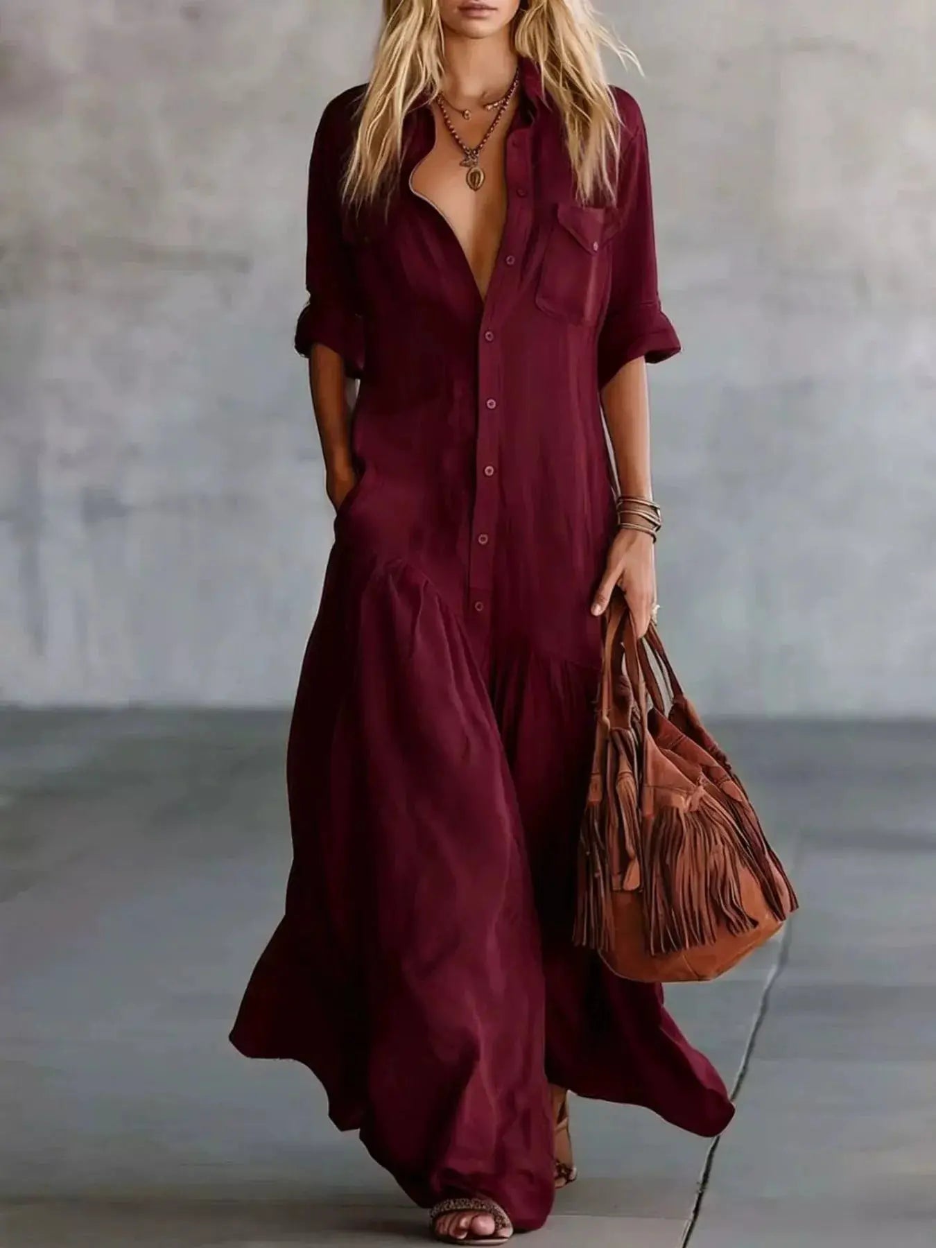 Plus Size Maxi Dress by Belle Bijouix in burgundy with button-front, roll-up sleeves and pockets