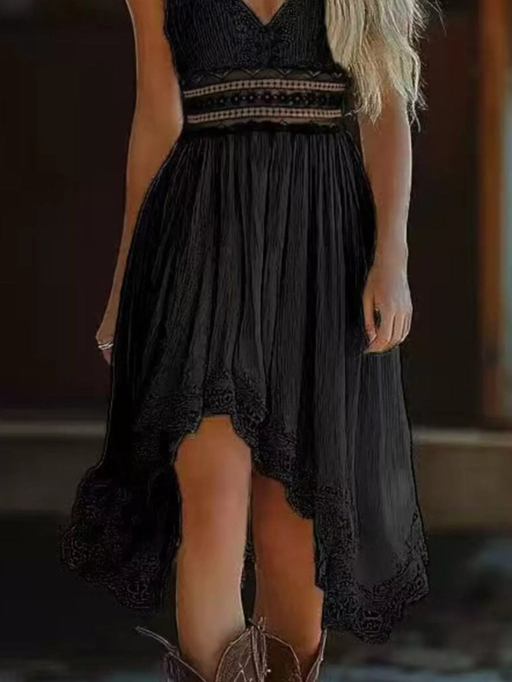 Asymmetrical Hem Lace V-Neck Cami Dress by Trendsi, black lace with scalloped hem