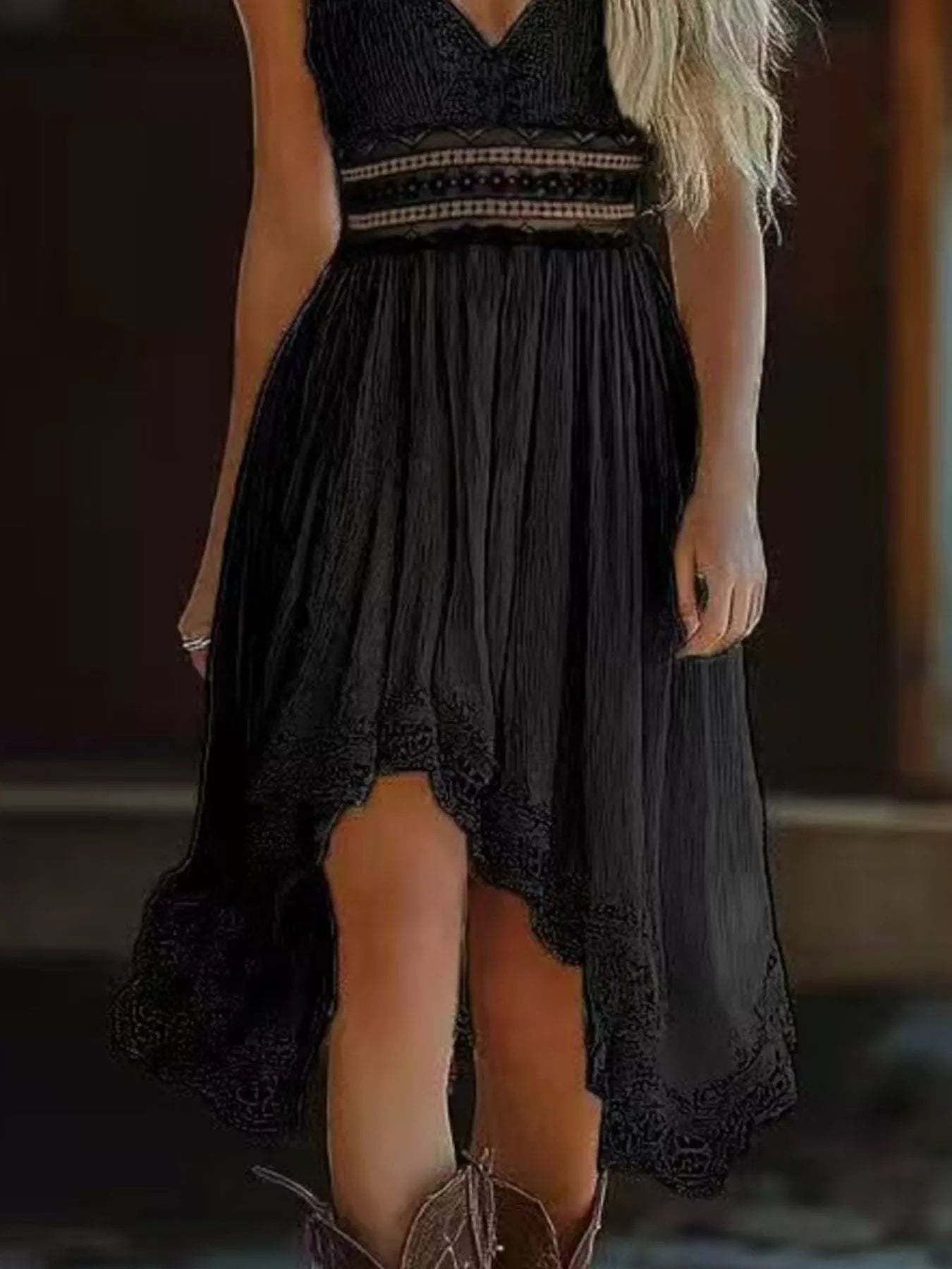 Asymmetrical Hem Lace V-Neck Cami Dress by Trendsi, black lace with scalloped hem