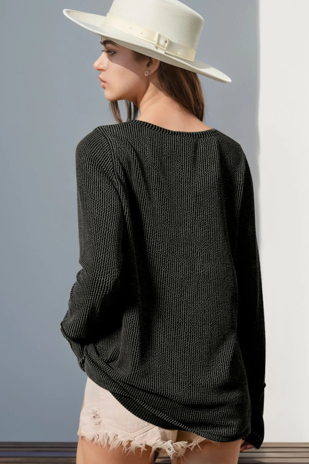 Double Take Full Size Notched Thumbhole Long Sleeve T-Shirt, black knit top by Belle Bijouix