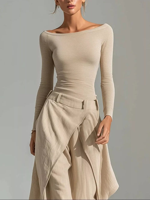 Boat Neck Long Sleeve Top and Wrap-Front Wide Leg Pants Set