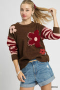 Umgee Flower Jacquard Striped Long Sleeve Sweater; brown fuzzy knit with pink/red floral patches.
