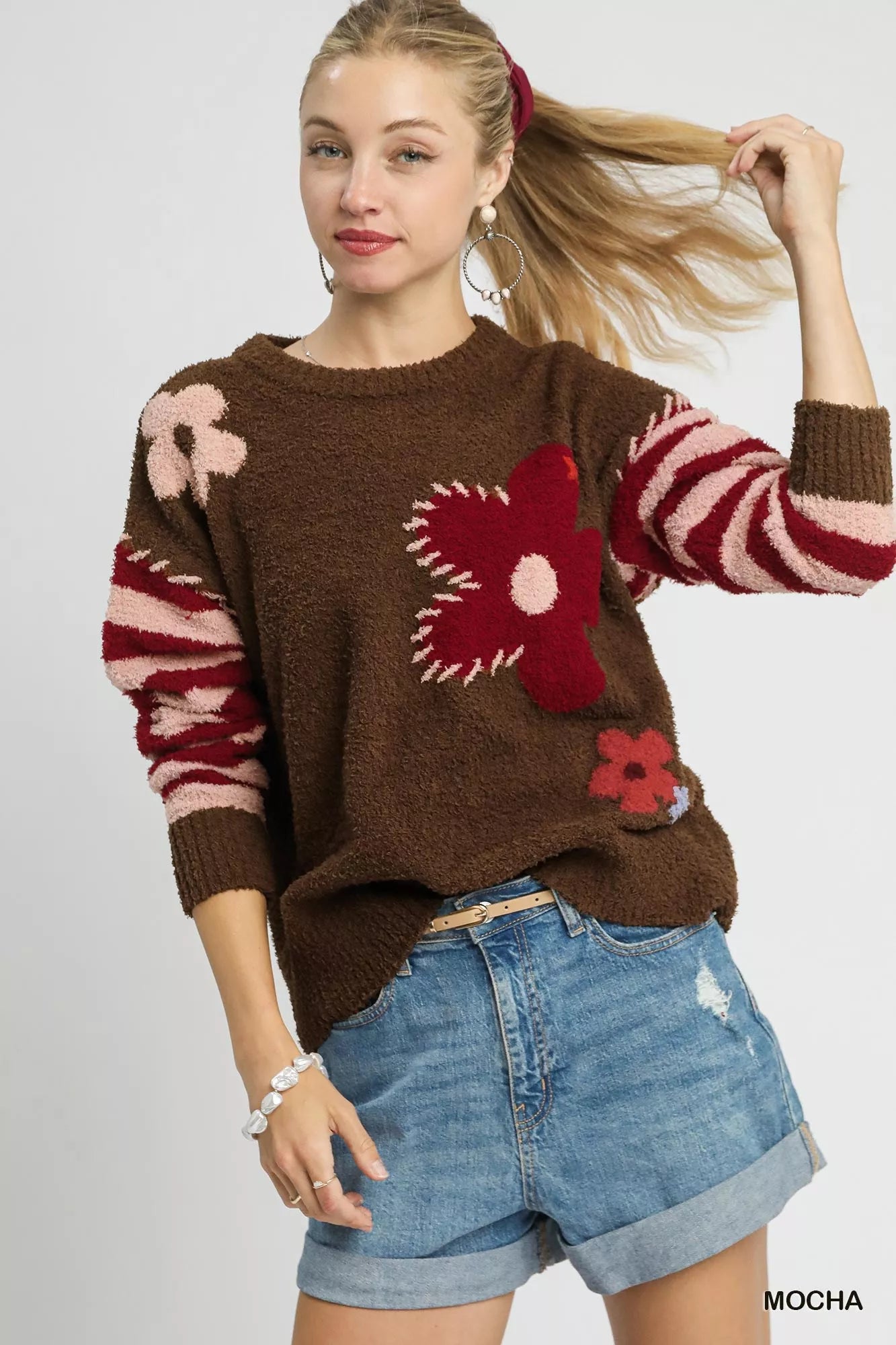 Umgee Flower Jacquard Striped Long Sleeve Sweater; brown fuzzy knit with pink/red floral patches.