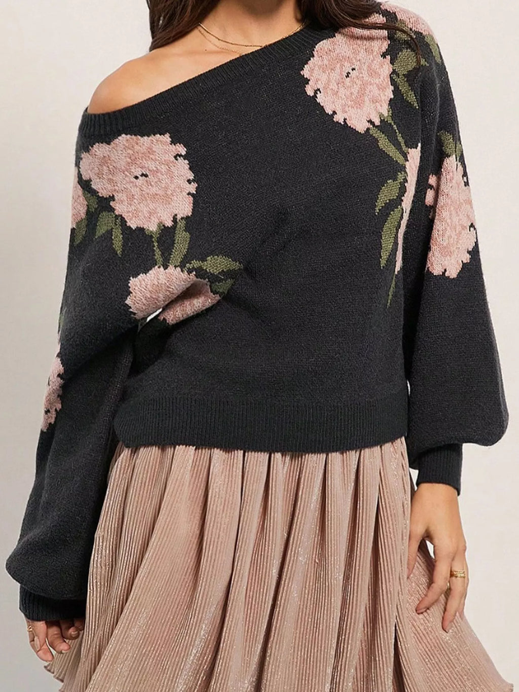 Floral Dropped Shoulder Knit Sweater in Black by Belle Bijouix – view 1 of 16