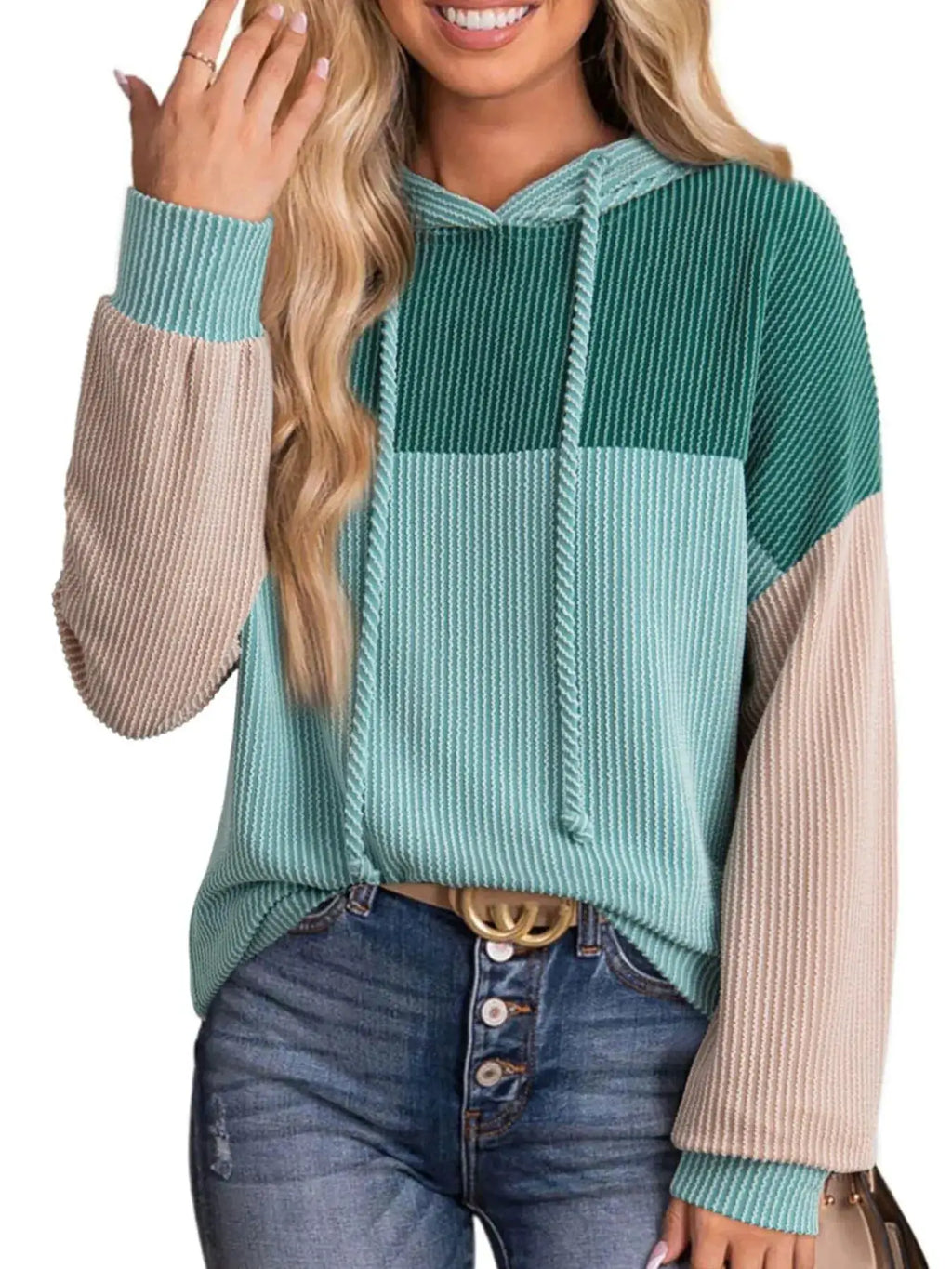 Drawstring color-block long-sleeve hoodie in teal, light teal, and beige with ribbed knit sleeves.