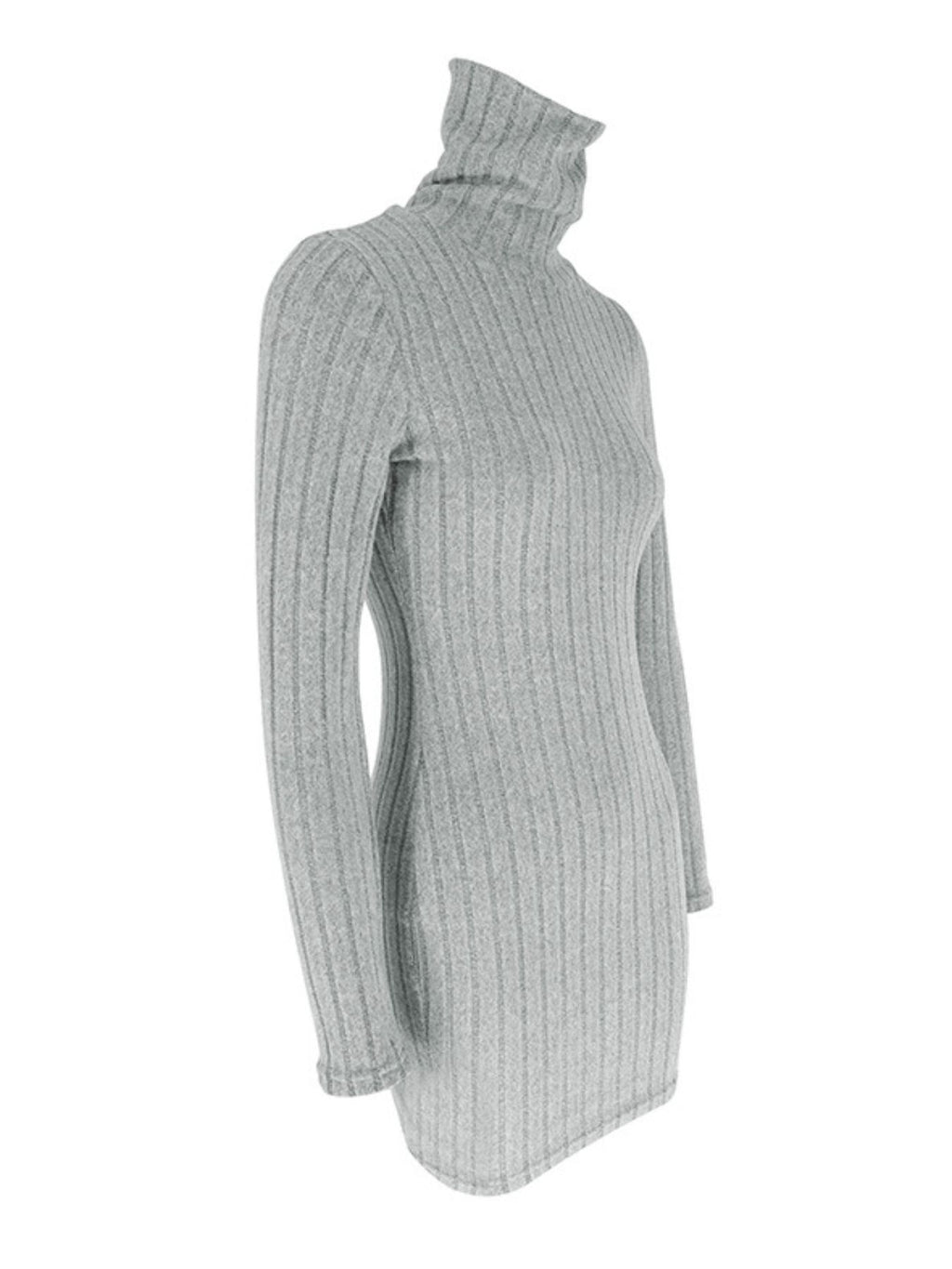 Turtleneck ribbed bodycon mini dress, gray knit fabric.