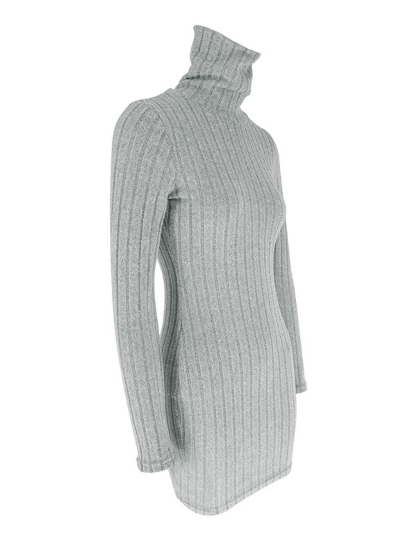 Turtleneck ribbed bodycon mini dress, gray knit fabric.