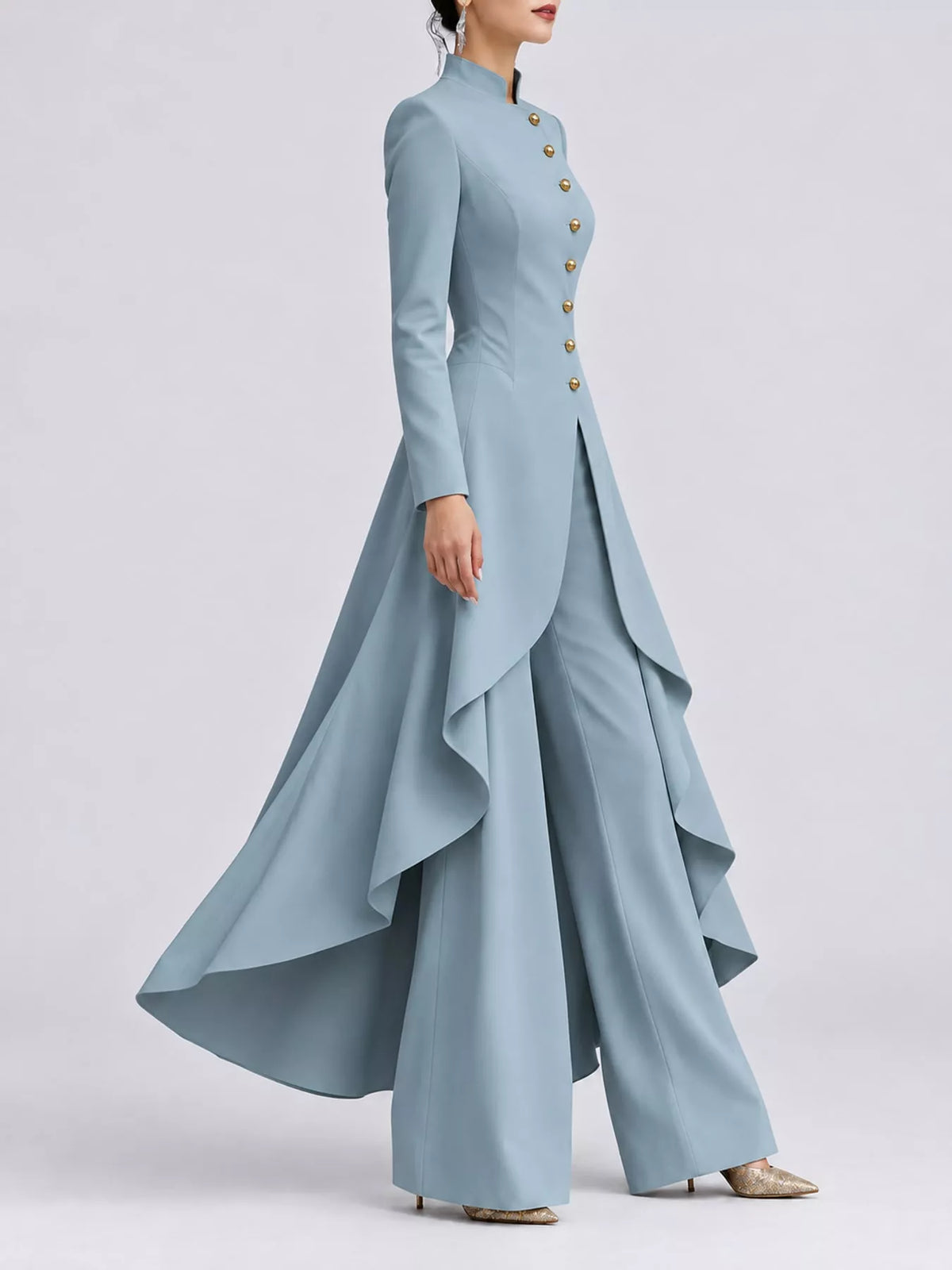 Ruffled High-Low Button Tunic & Wide-Leg Pants Set in Peacock Green by Belle Bijouix – view 44 of 82