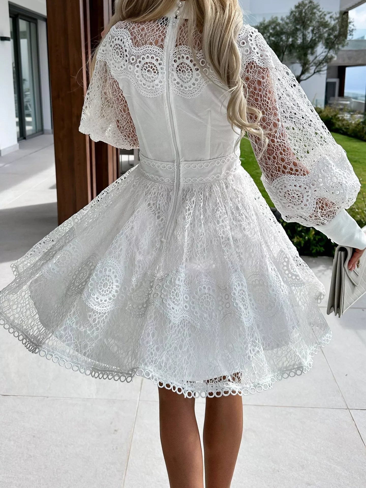 Lace Lantern Sleeve Mini Dress in white lace with a belted waist and back zipper