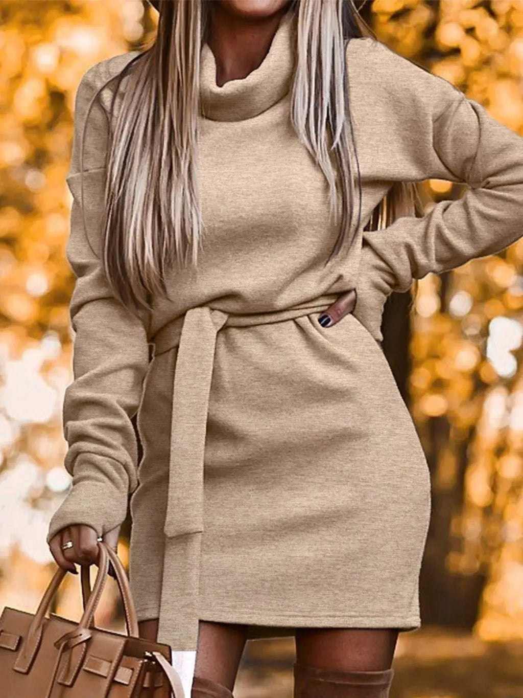 Turtleneck Belted Knit Dress by Trendsi in beige with waist tie.