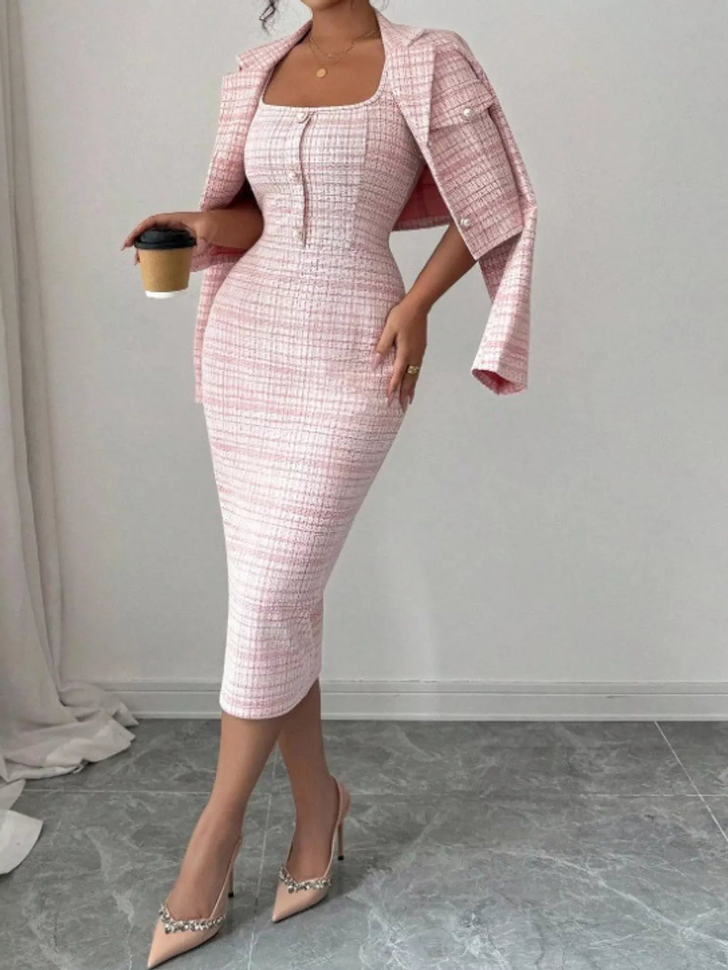 Tweed Square Neck Dress and Cardigan Set by Belle Bijouix – view 2 of 14