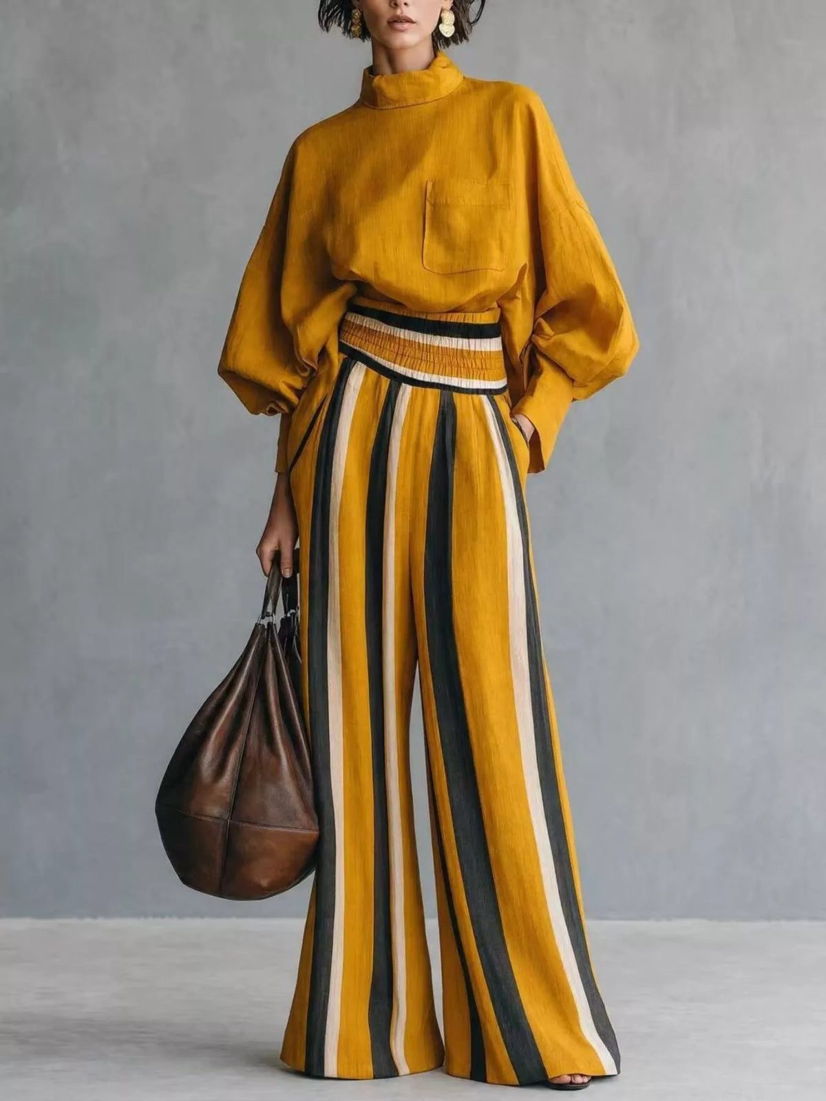 Mock Neck Blouse & Striped Wide-Leg Pants Set in Yellow by Belle Bijouix – view 11 of 12