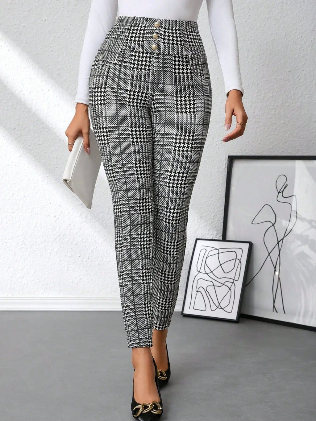 Trendsi high-waist plaid slim-fit pants in black and white plaid with gold button detail, full-length tailored look