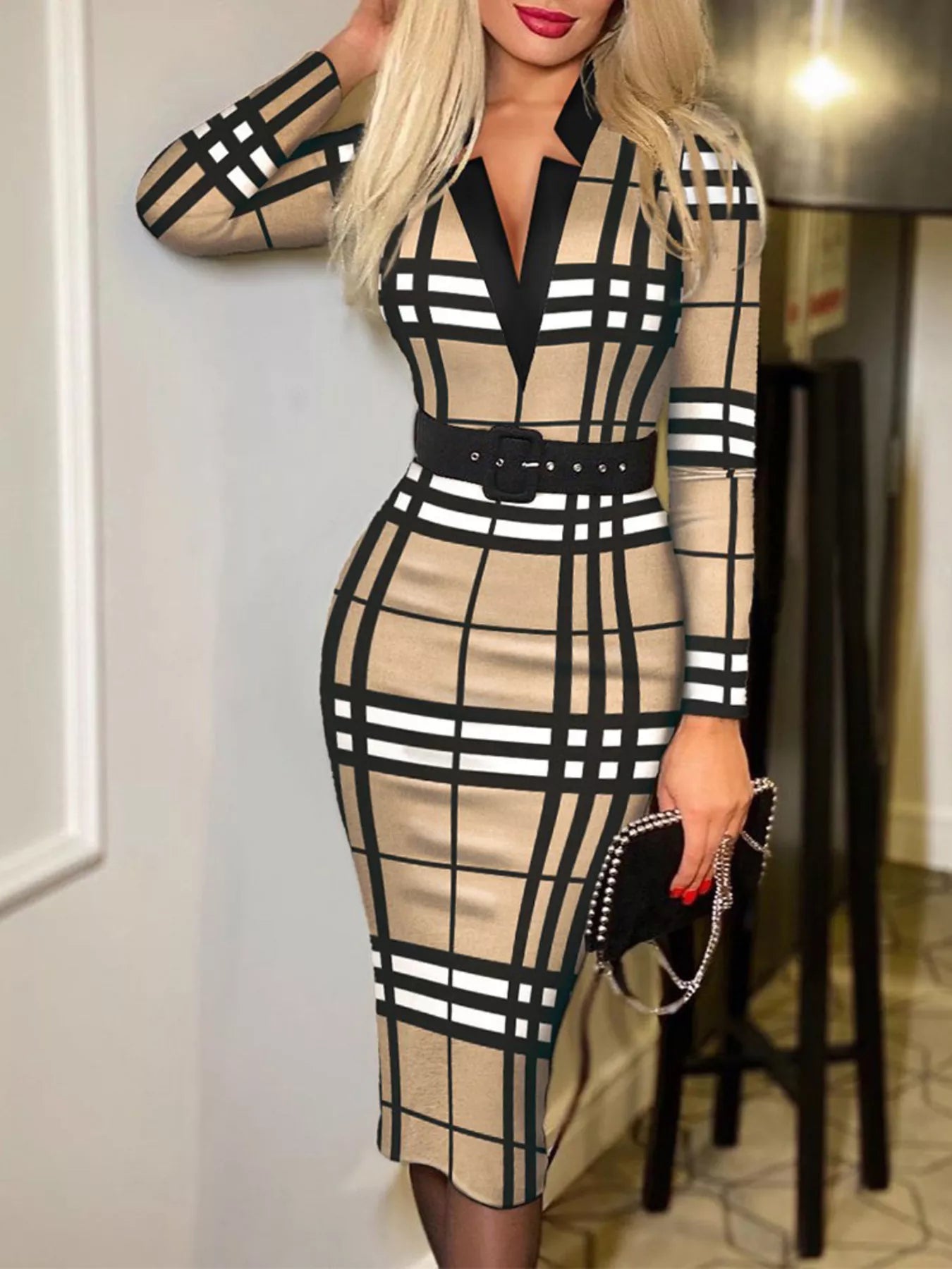 Full Size Notched Long Sleeve Dress Plus Size belted, beige plaid with black grid pattern, knee-length.