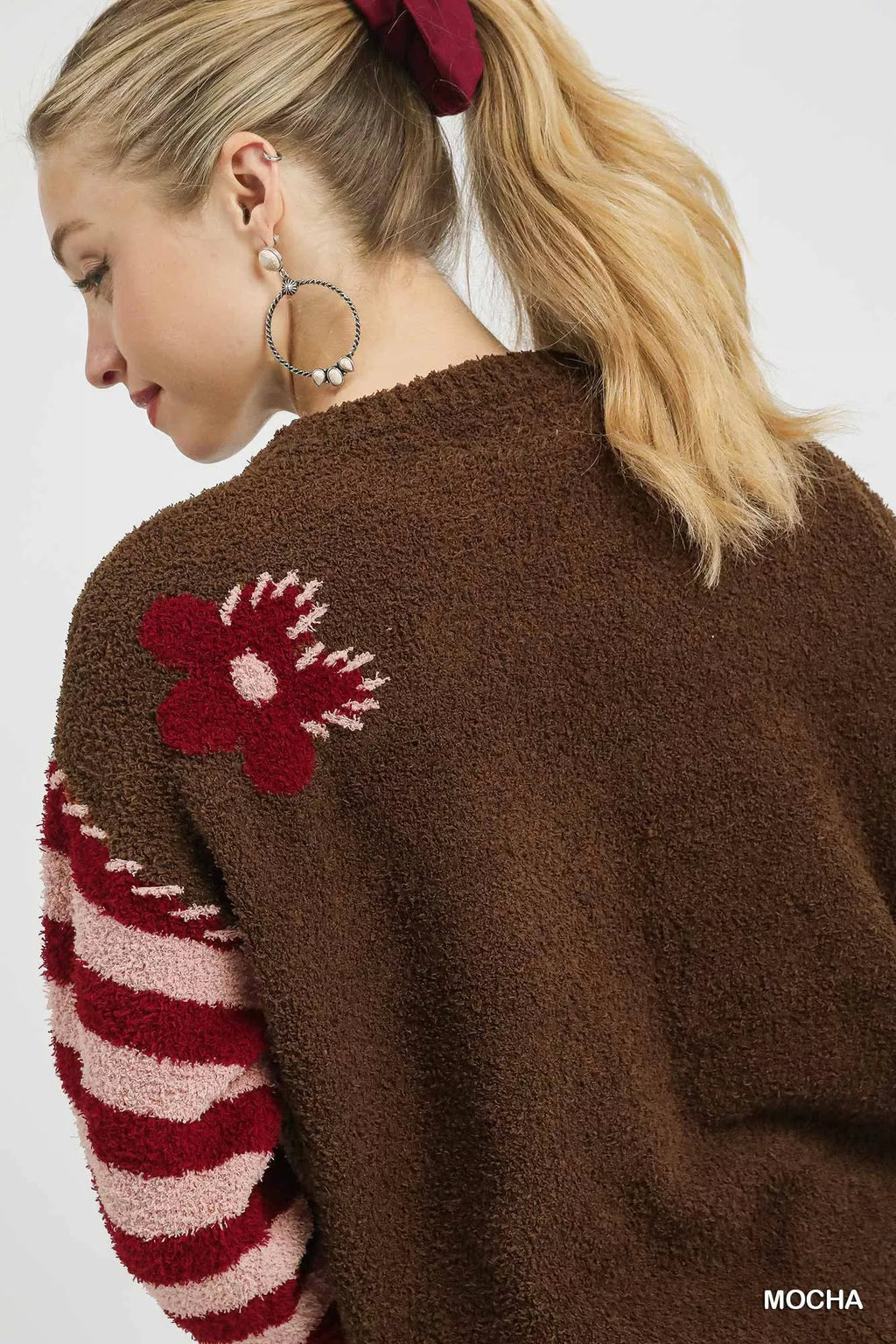 Umgee Flower Jacquard Striped Long Sleeve Sweater, mocha brown boucle knit with red and pink striped sleeves.