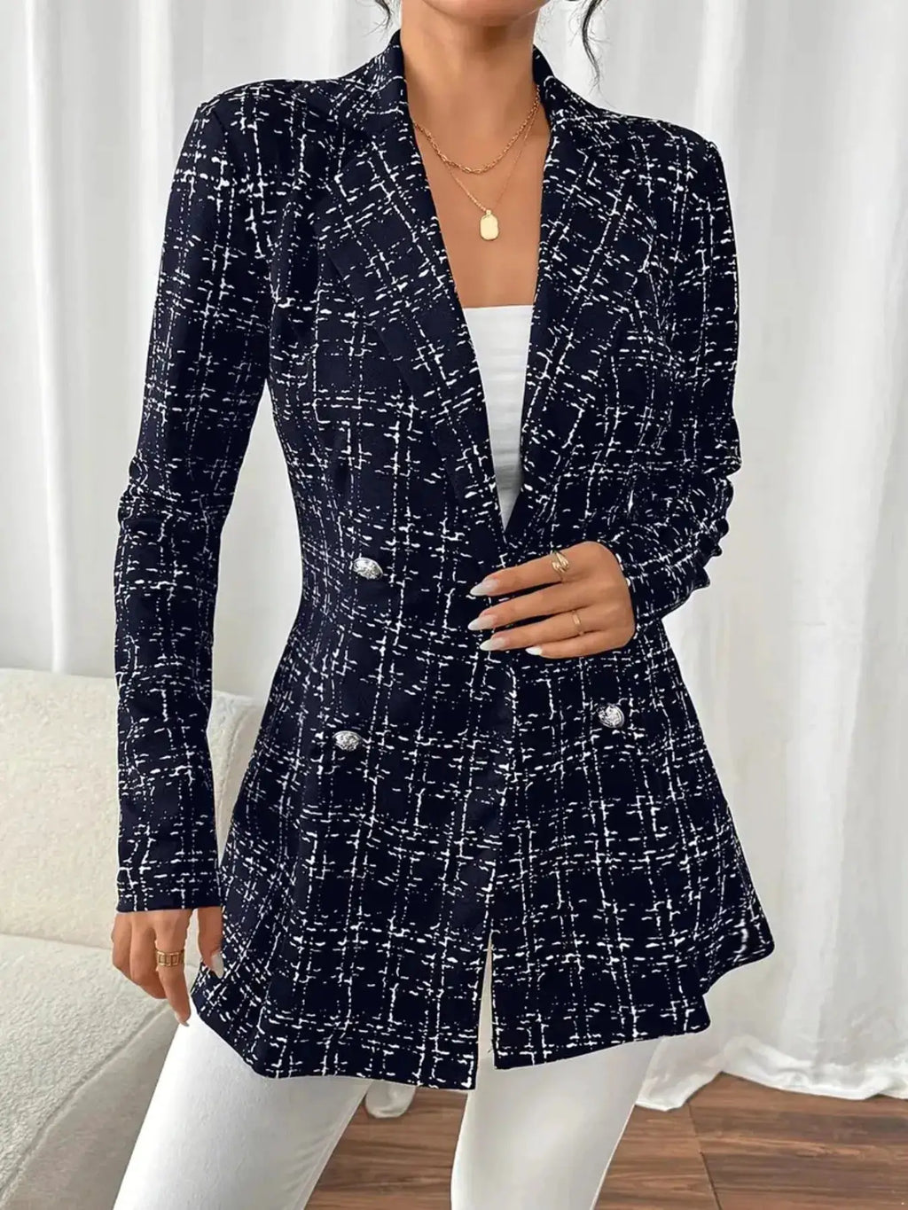 Tweed double-breasted blazer, navy with white grid pattern, tailored sport jacket.
