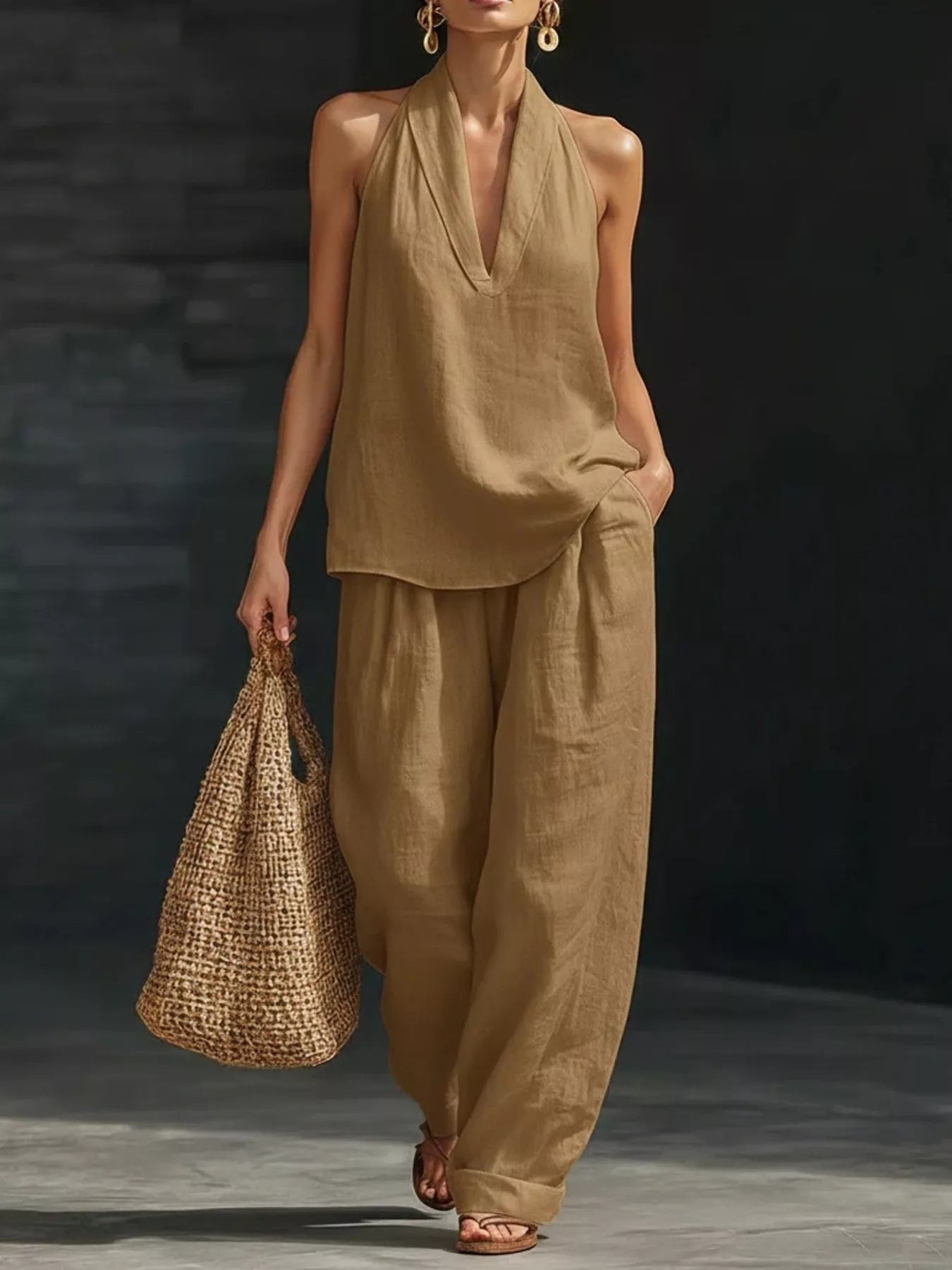 Trendsi plus-size halter-neck top and wide-leg pants set in tan linen.