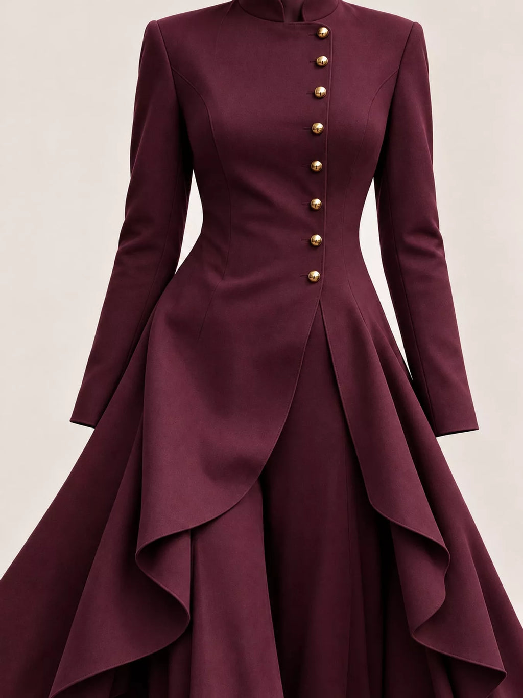 Ruffled High-Low Button Tunic & Wide-Leg Pants Set in Dark Magenta by Belle Bijouix – view 72 of 82