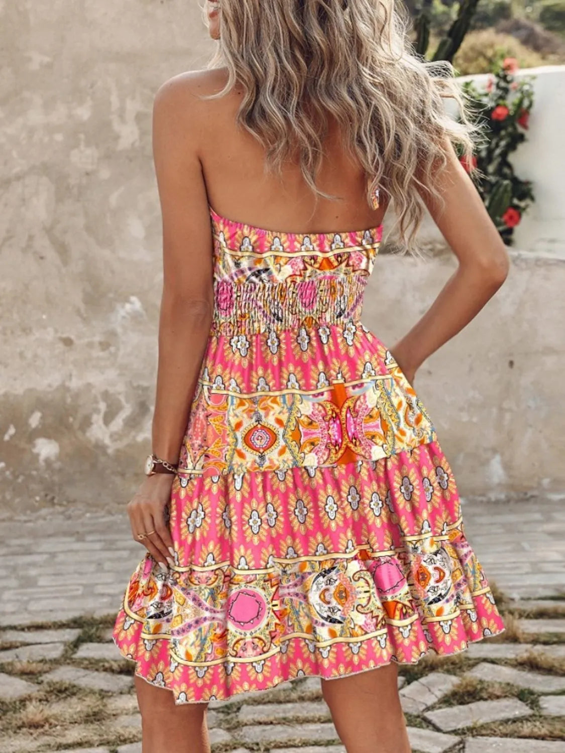 Paisley Print Halter Neck Mini Dress, pink pattern with smocked bodice and ruffled hem, Belle Bijouix