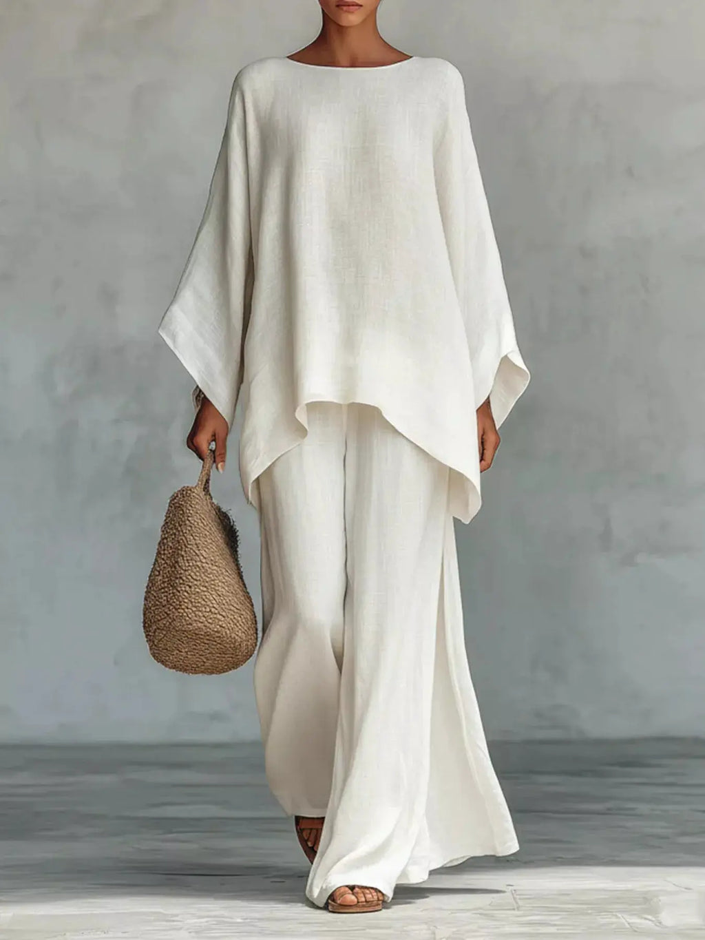 Belle Bijouix plus-size ivory two-piece outfit: oversized round-neck top and matching wide-leg pants