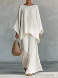 Belle Bijouix plus-size ivory two-piece outfit: oversized round-neck top and matching wide-leg pants