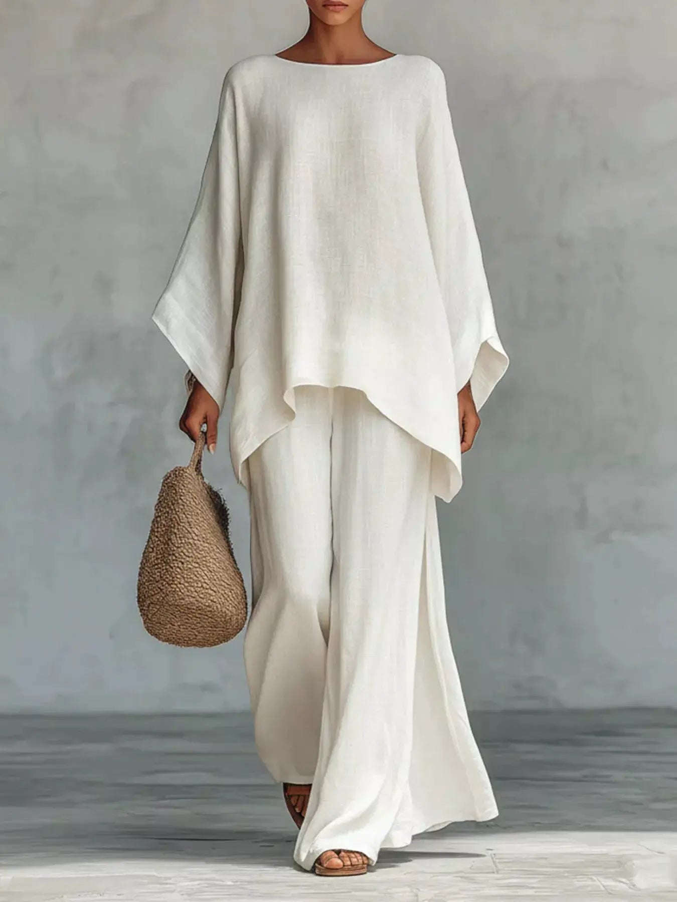 Belle Bijouix plus-size ivory two-piece outfit: oversized round-neck top and matching wide-leg pants