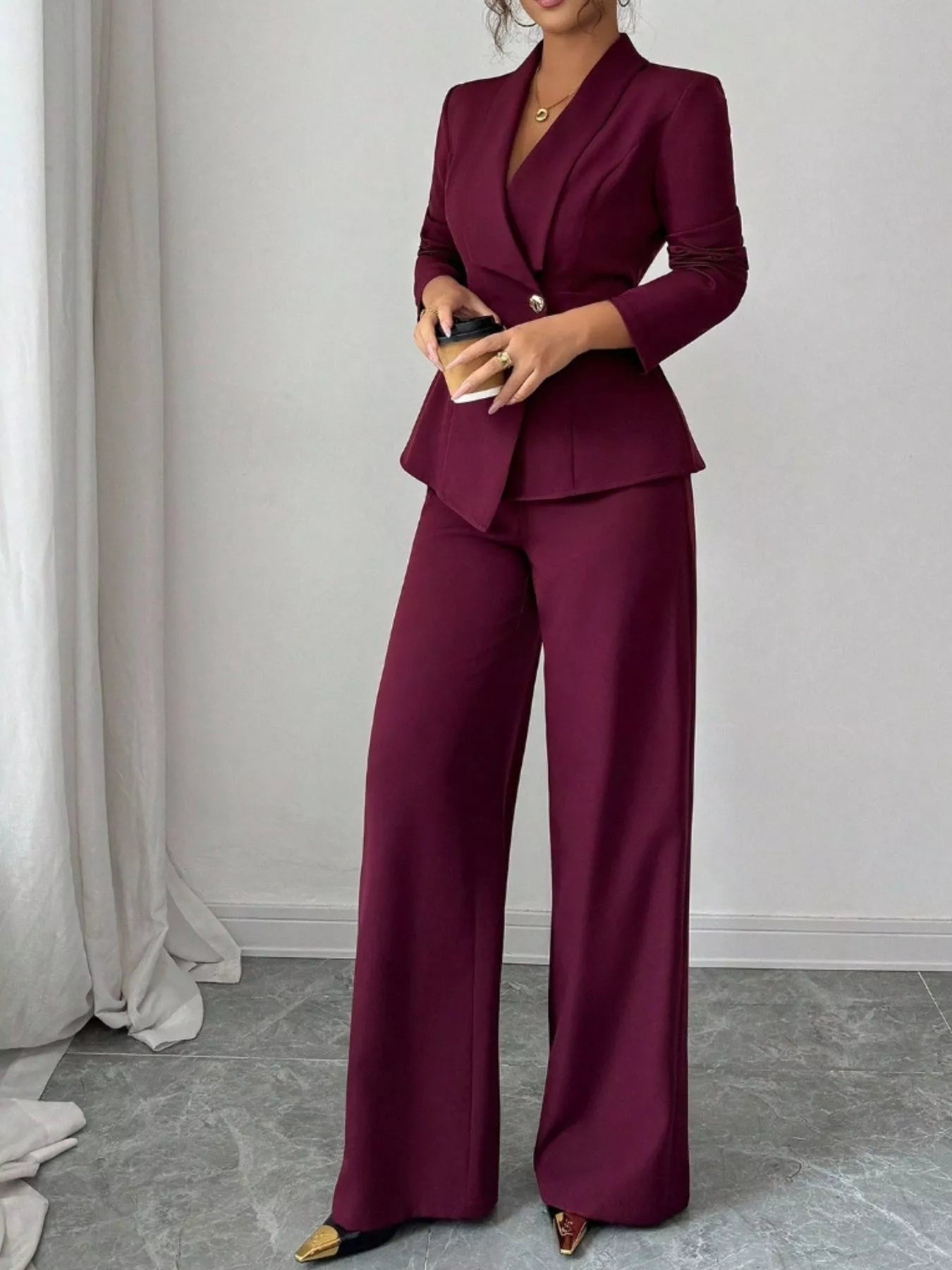 Belle Bijouix plum one-button blazer and pants set; tailored, pocketed wide-leg pant suit