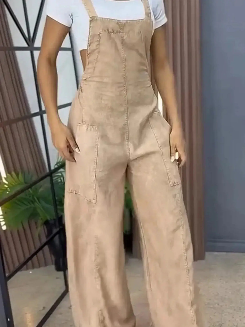 Full Size Wide Leg Washed Denim Overalls in tan khaki by Belle Bijouix