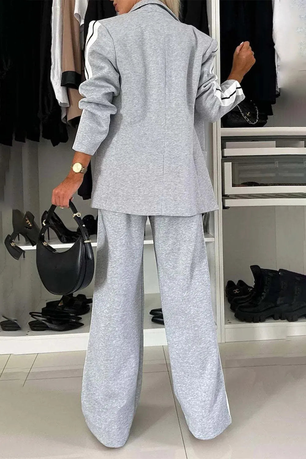 Full Size Contrast Lapel Collar Top and Pants Set by Belle Bijouix in gray lounge wear with buttoned, pocketed design.